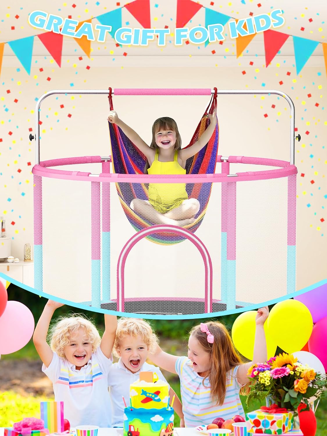 BLUERISE 60' Trampoline for Kids 5FT Toddler Trampolines Indoor/Outdoor with Adjustable Gymnastics Bar & Safety Net, No-Gap Design, Anti-Rollover Bottom, Basketball Hoop, Gifts for Boys & Girls