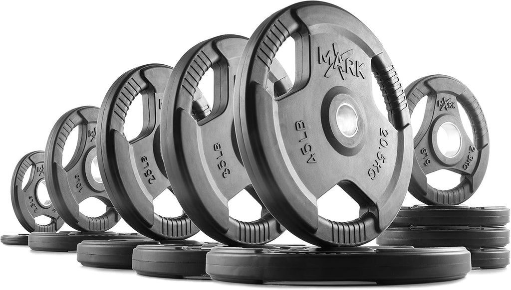 XMARK TRI-GRIP Pair or Set of Olympic Weight Plates, Rubber Coated Exercise Weights for Olympic Barbell, Strength Training Weight Set for Home Gym