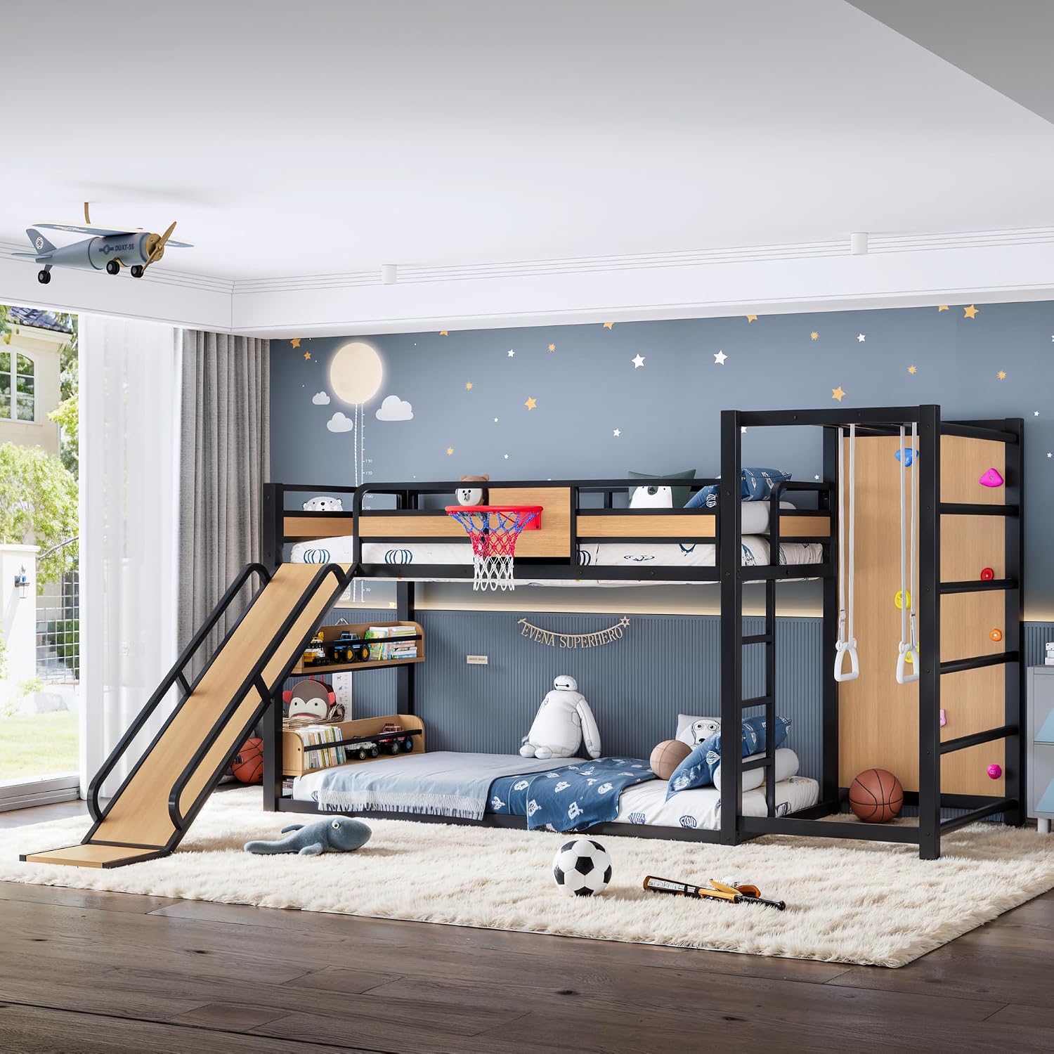 Bellemave Metal Twin XL Over Twin XL Bunk Bed Frame with Slide,Floor Bunk Bed and Basketball Hoop,Pull-up Rings and Climbing Wall,Heavy Duty Bunk Beds with Bookshelves for Kids Girls Boys,Natural