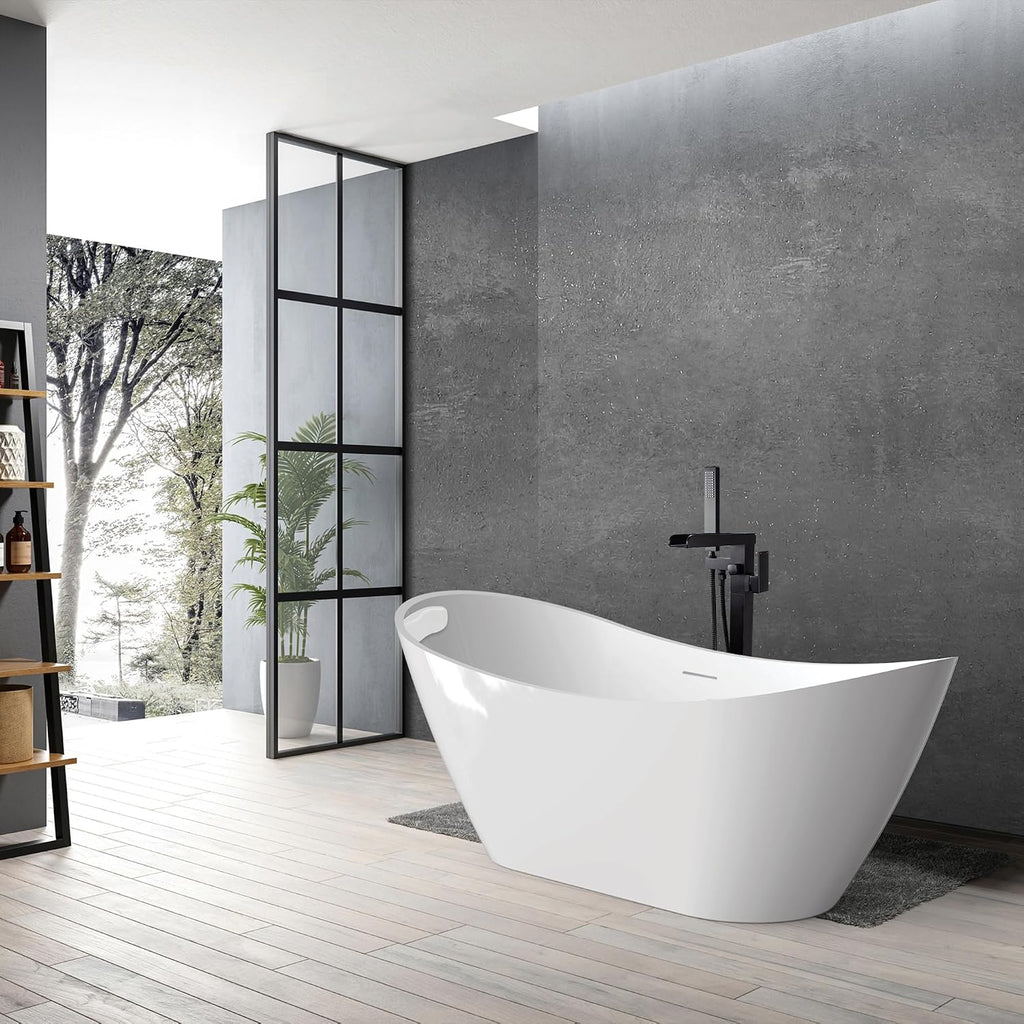 Transolid Skylar Freestanding Oval Soaking Bathtub Kit 59 in. x 31 in. Gloss White with Peyton T4240-MB Matte Black Floor-Mount Faucet, Color-Matched EZ-Click Center Drain and Bath Pillow