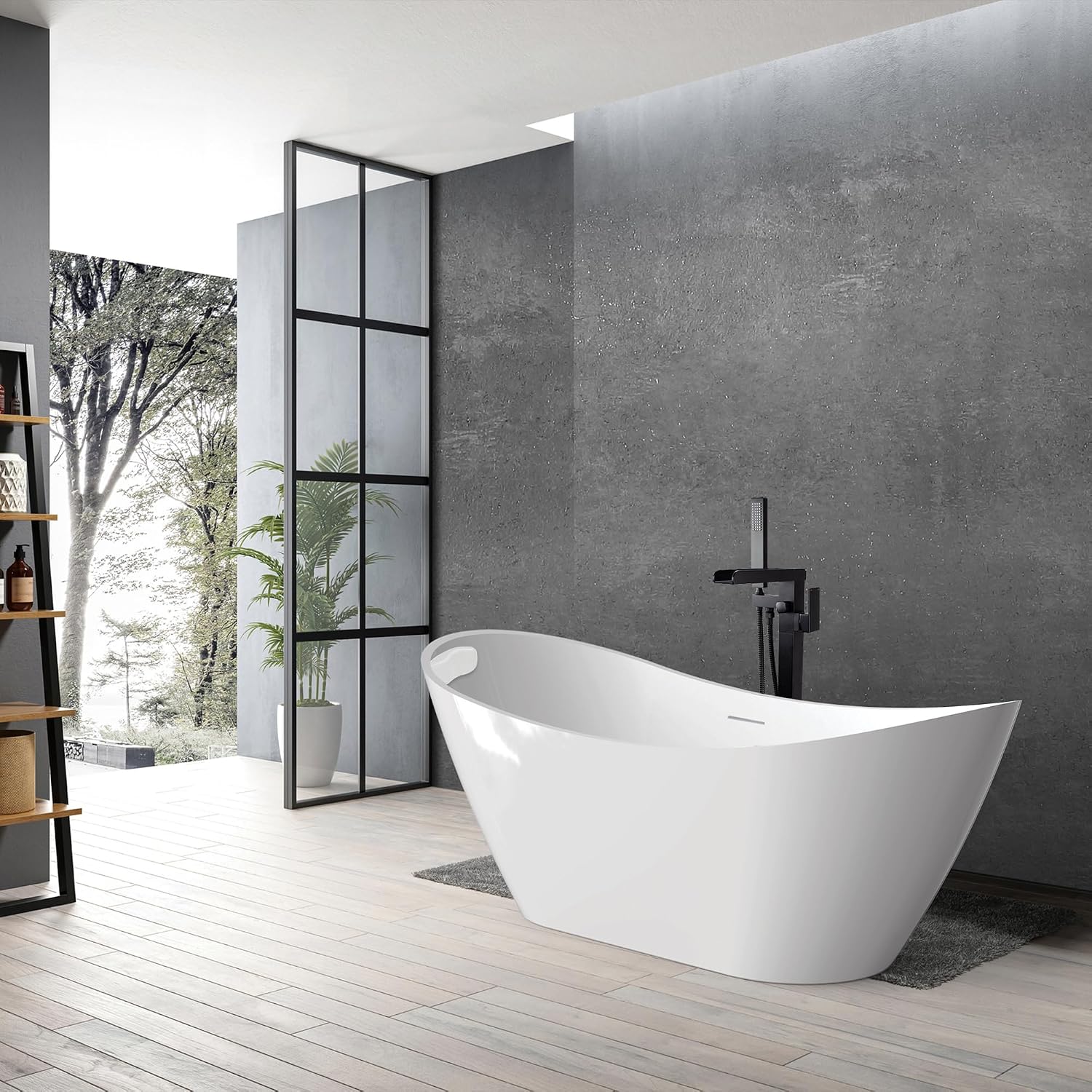 Transolid Skylar Freestanding Oval Soaking Bathtub Kit 59 in. x 31 in. Gloss White with Peyton T4240-MB Matte Black Floor-Mount Faucet, Color-Matched EZ-Click Center Drain and Bath Pillow