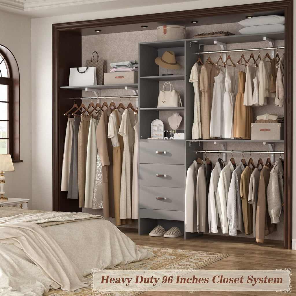 Armocity 96' Wood Closet System with 3 Enclosed Drawers & 3 Solid Shelves, 8FT Adjustable Closet Organizers and Storage, Heavy Duty Modular Wardrobe for Reach-In & Walk-In, 1000 LBS Load, Grey