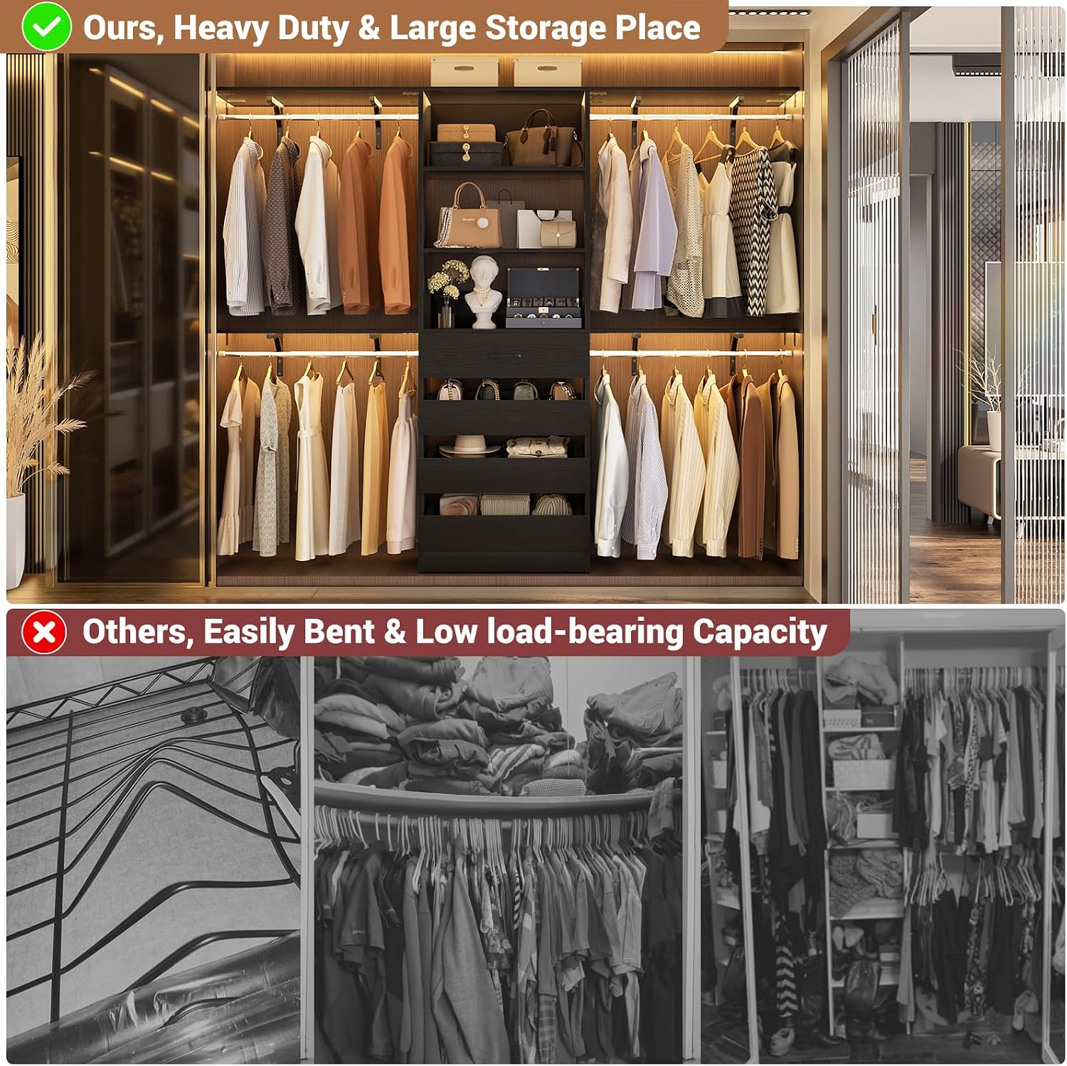 Aheaplus Closet System, 8FT Closet Organizer with 4 Wooden Drawers, Wood Closet Organizer System with Tower, Walk-in Closet Organizer Wardrobe Clothes Rack with 4 Hanging Rods, Garment Rack, Black