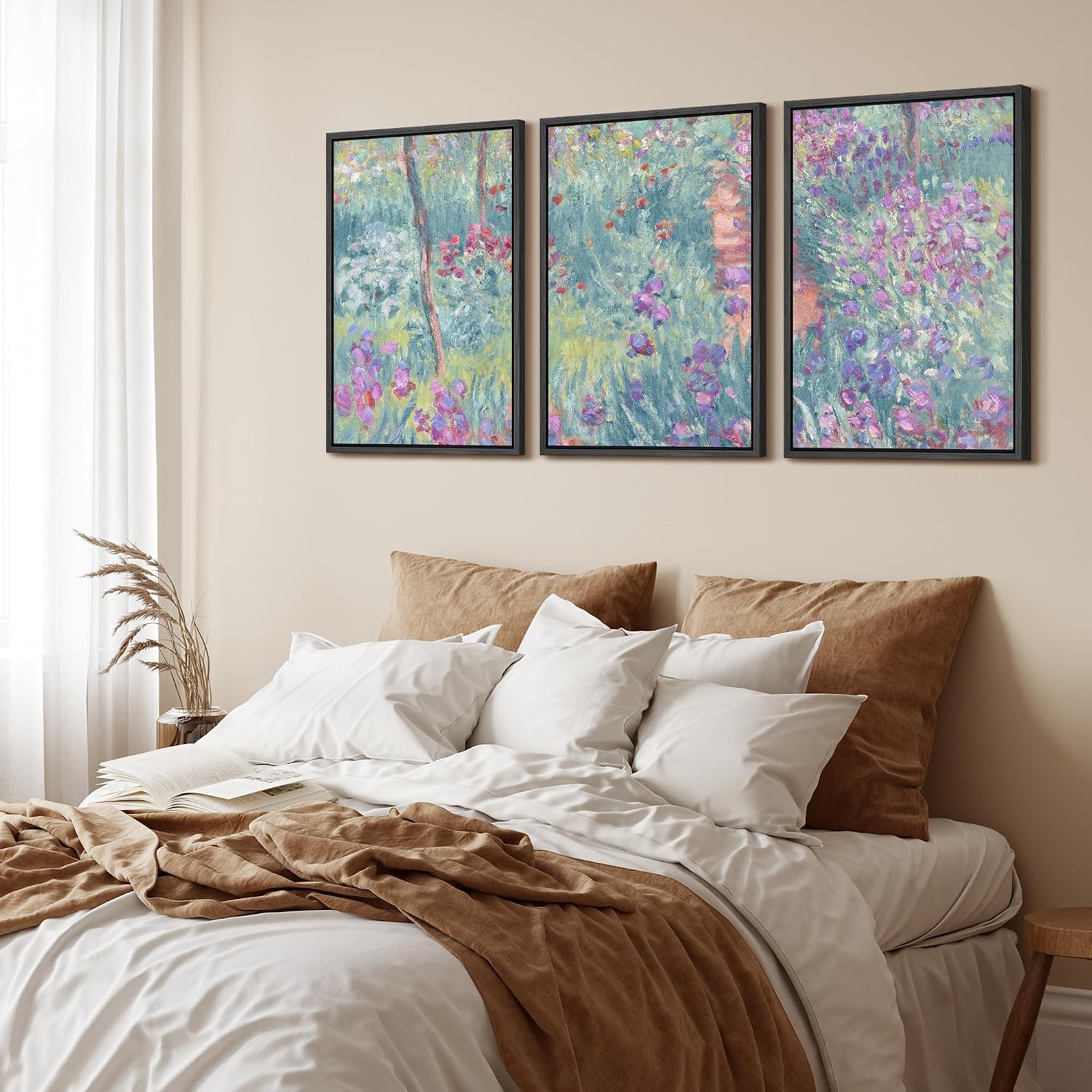 wall26 Framed Canvas Print Wall Art Set Monet-Inspired Garden Path Impressionist Floral Illustrations Modern Art Decorative Floral Botanical Minimal for Bedroom - 24'x36'x3 Black