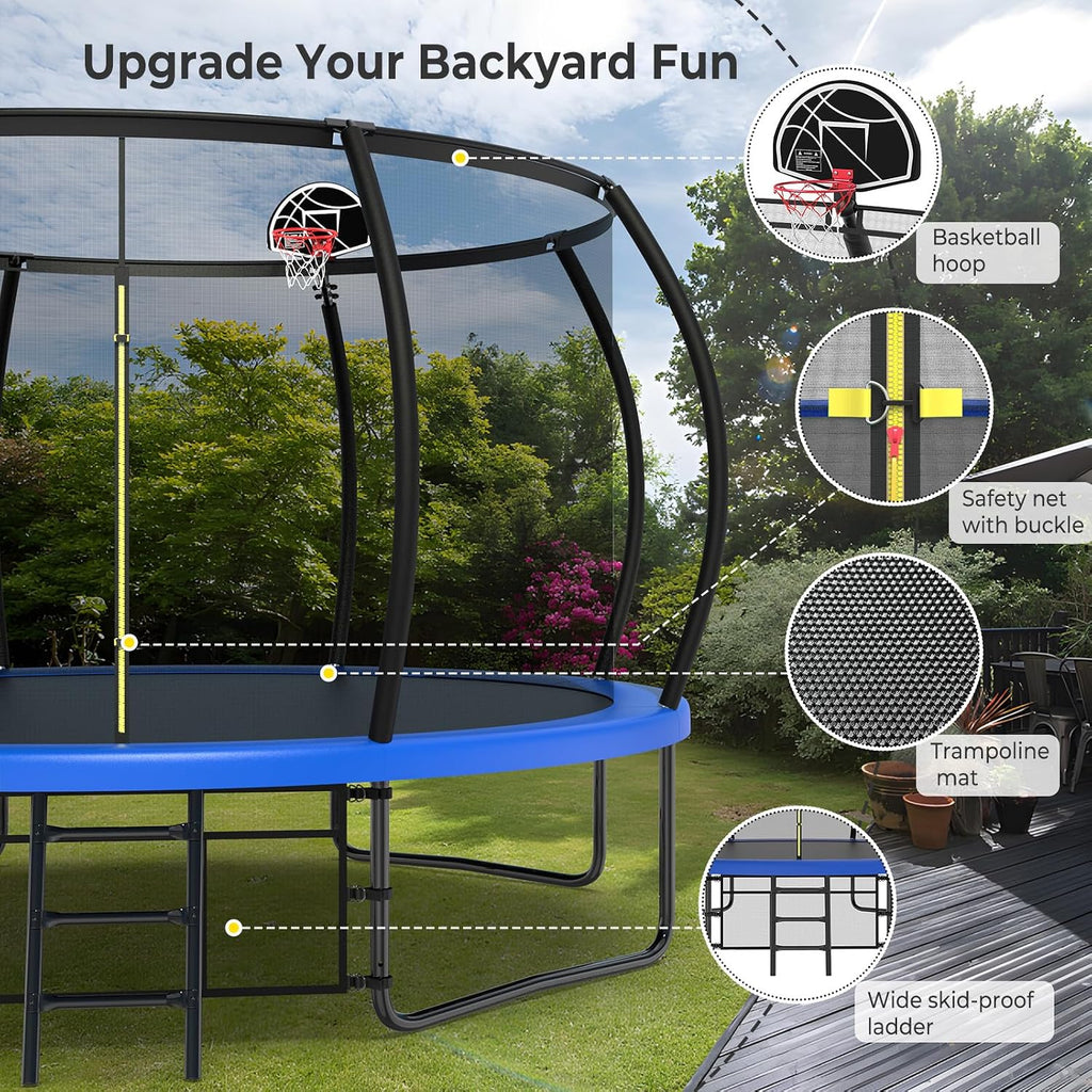 Lyromix 12 14 15 16FT Outdoor Trampolines for Kids and Adults, Pumpkin Trampolin with Curved Poles, Recreational Trampolin with Basketball Hoop and Safety Enclosure Net for Kids and Adults