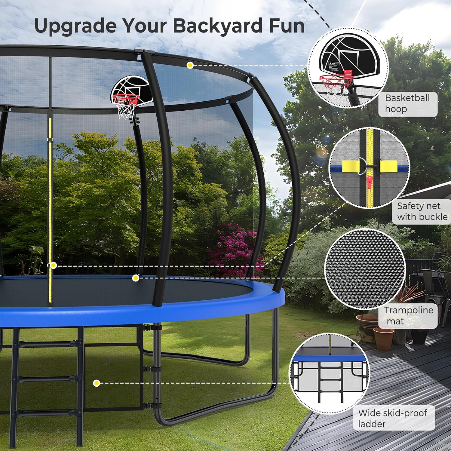 Lyromix 12 14 15 16FT Outdoor Trampolines for Kids and Adults, Pumpkin Trampolin with Curved Poles, Recreational Trampolin with Basketball Hoop and Safety Enclosure Net for Kids and Adults