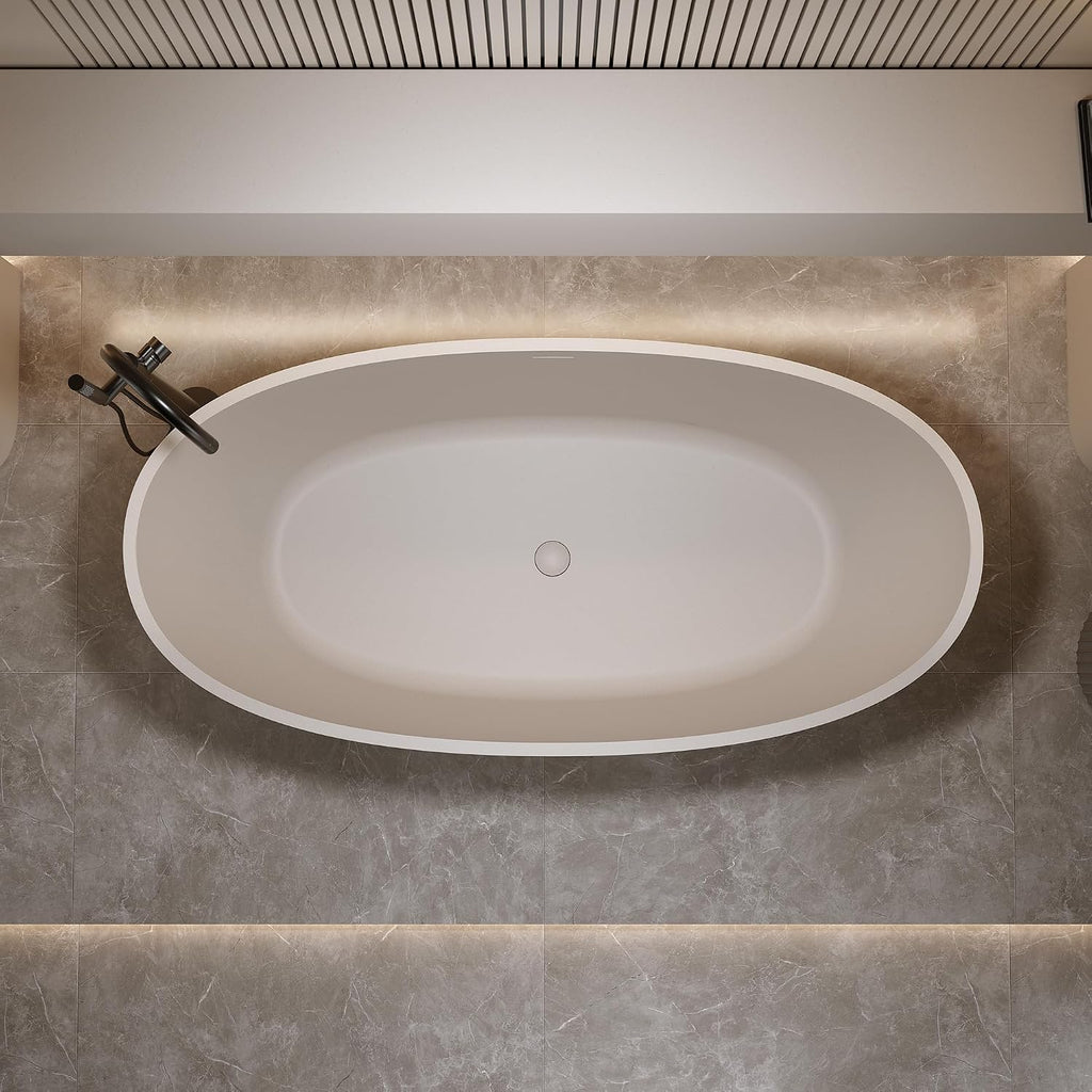 59'' Freestanding Bathtub Resin Stone Soaking Bathtub Solid Tubs with Overflow and Pop up Drain