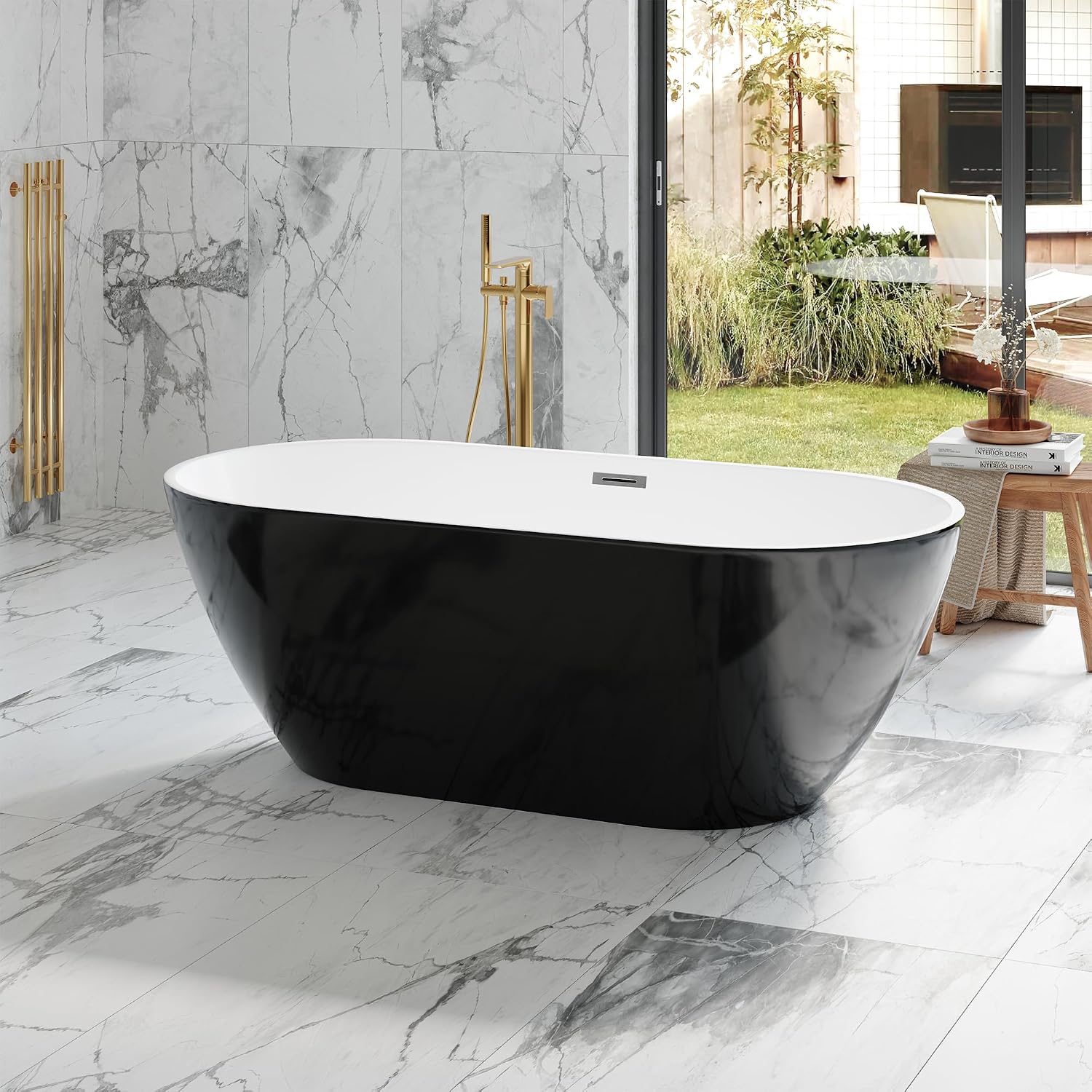 59 Inch Acrylic Freestanding Bathtub, Acrylic Soaking Bathtub with Matte Drain and Overflow, Deep Ergonomic Tub with Double-Walled Insulation, CUPC Certified, Modern Square Design