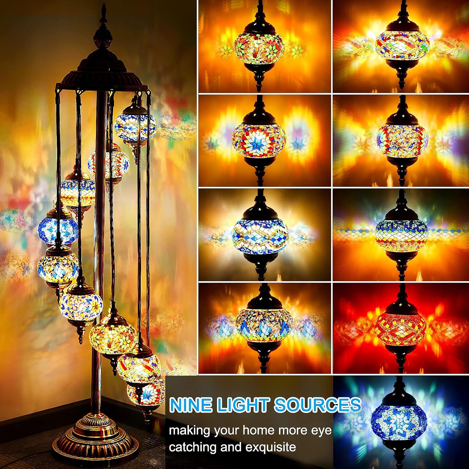 Hortsun Turkish Lamp Moroccan Floor Lamp Handmade Globe Living Floor Lighting Bohemia Standing Lighting for Decorative Home Designs(Floor,9 Globes Style)