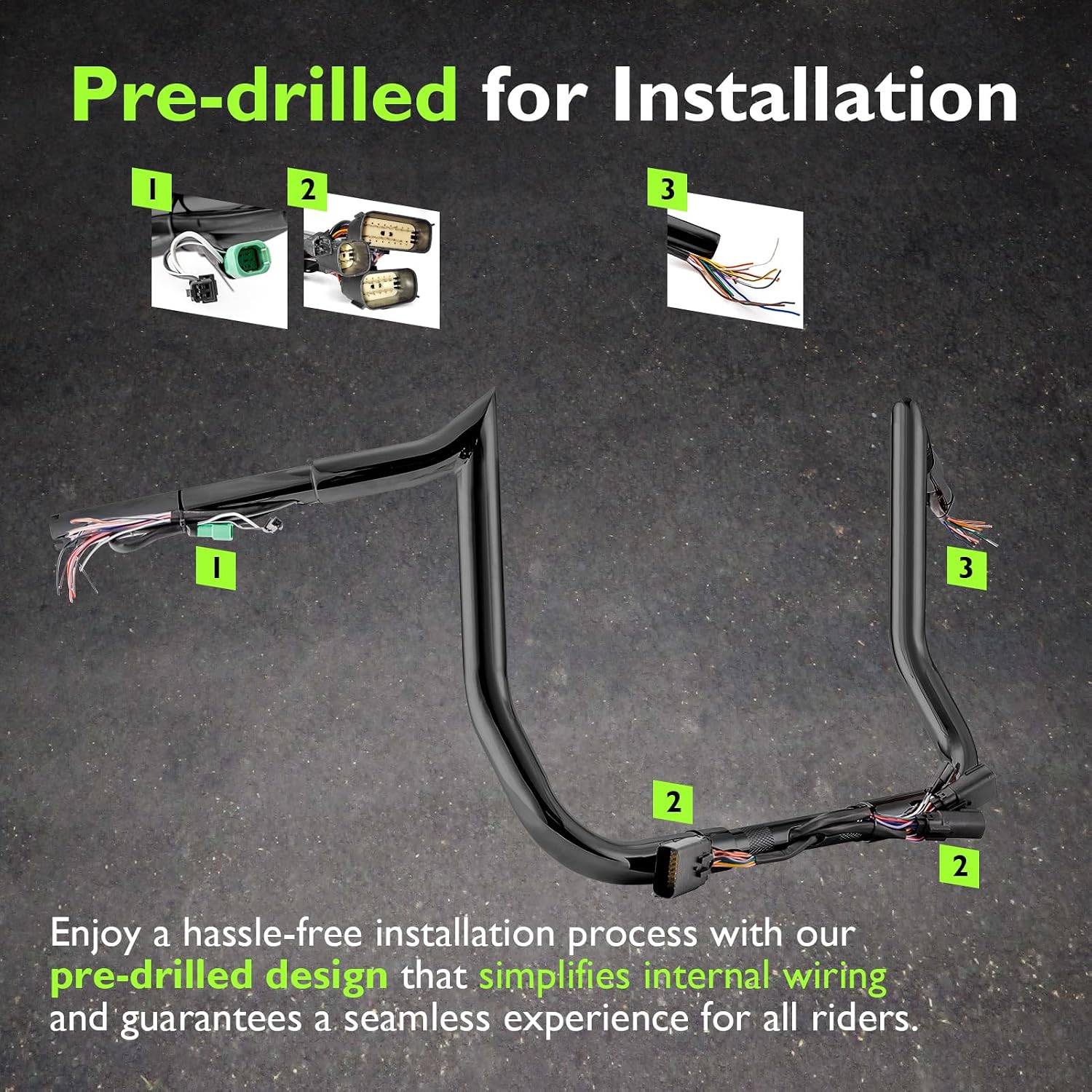 Mofun 10' Rise Pre-Wired Handlebars Ape Hangers 1 1/4' Fat 1' Clamp Compatible with Harley Touring Street Glide Electra Glide Ultra Limited, 2008-2013 Black