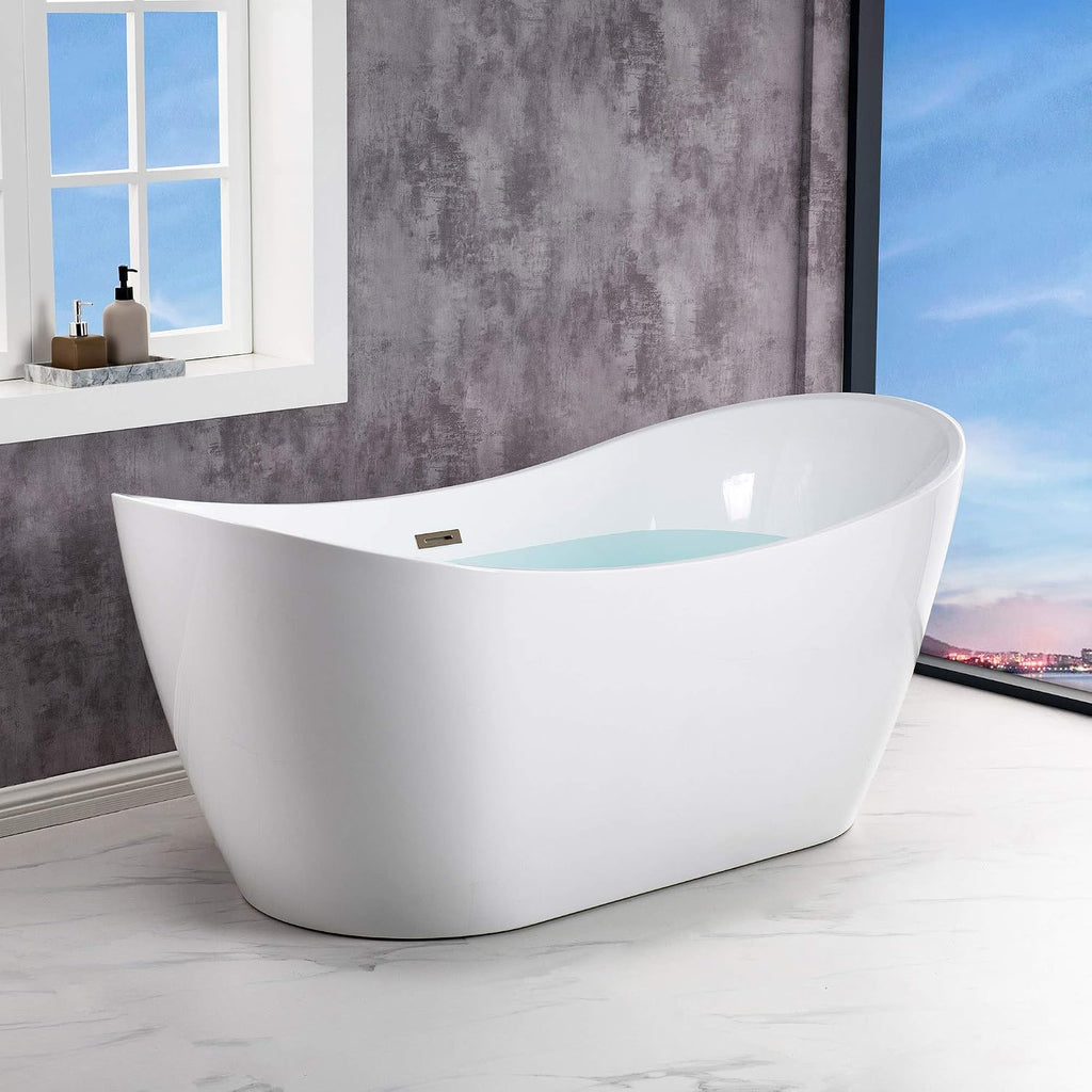 WOODBRIDGE 67' Acrylic Freestanding Bathtub Contemporary Soaking Tub, White Acrylic (Brushed Nickel Drain/Overflow) with Pillow