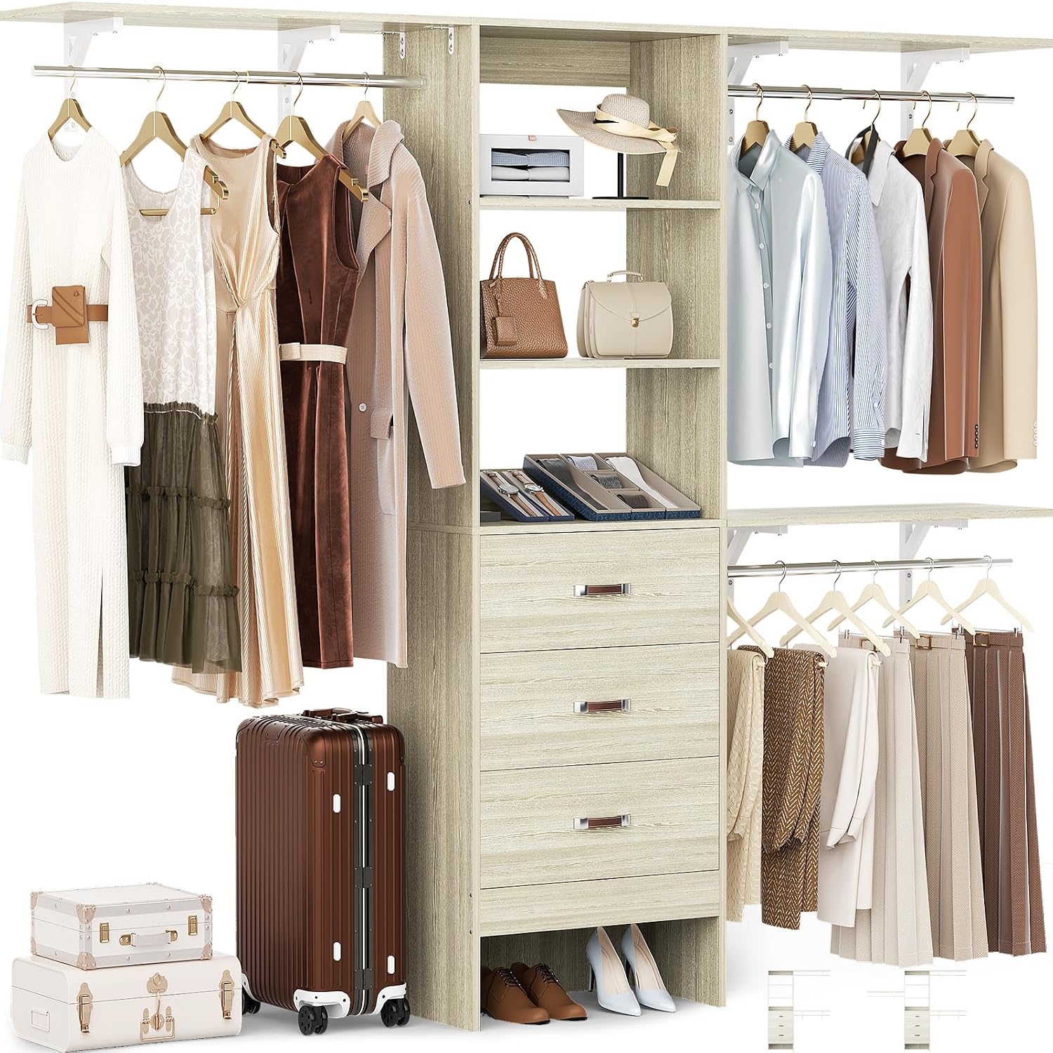 Closet System with 3 Drawers - 8FT Wood Closet Organizer with 3 Shelving Tower & Hanging Rods, 96' Walk-in Wardrobe Closet Organizer System for 4-8FT Spaces, Heavy Duty Garment Clothes Rack, White Oak
