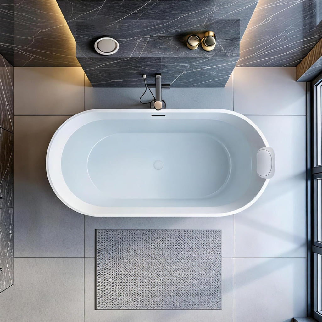Transolid Maris 59 in. Freestanding Deep Soaking Bathtub | 31 in. Wide Acrylic Flatbottom | Center Drain | Bath Pillow Included | 23 in. Confirmed Soak Depth | Matte Black/White | K-AFTM5931-M3109