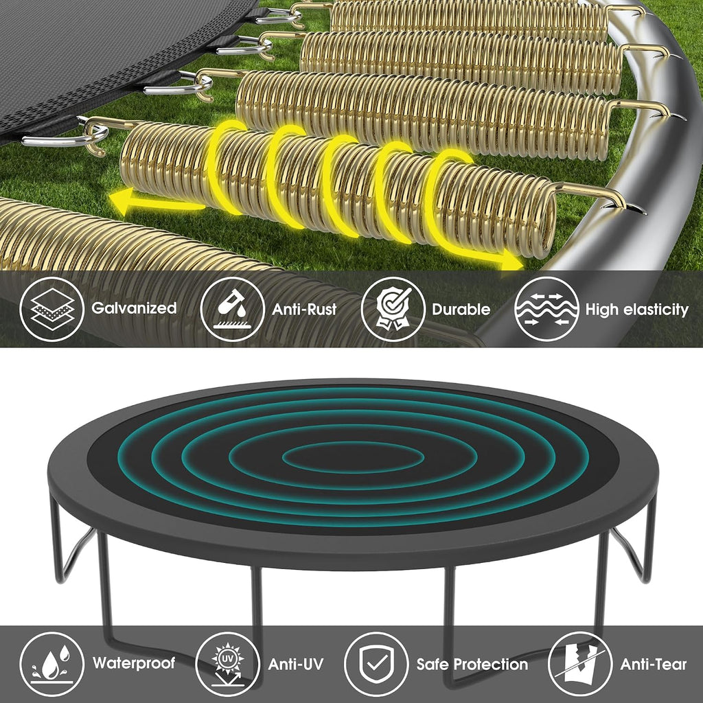 Exal Trampoline Outdoor with Basketball Hoop and Enclosure Net, 1500LBS Backyard Heavy Duty Trampoline ASTM CPC Certified Kids Trampoline, Light, Sprinkler, Socks, No-Gap Pad, Wind Stakes Included