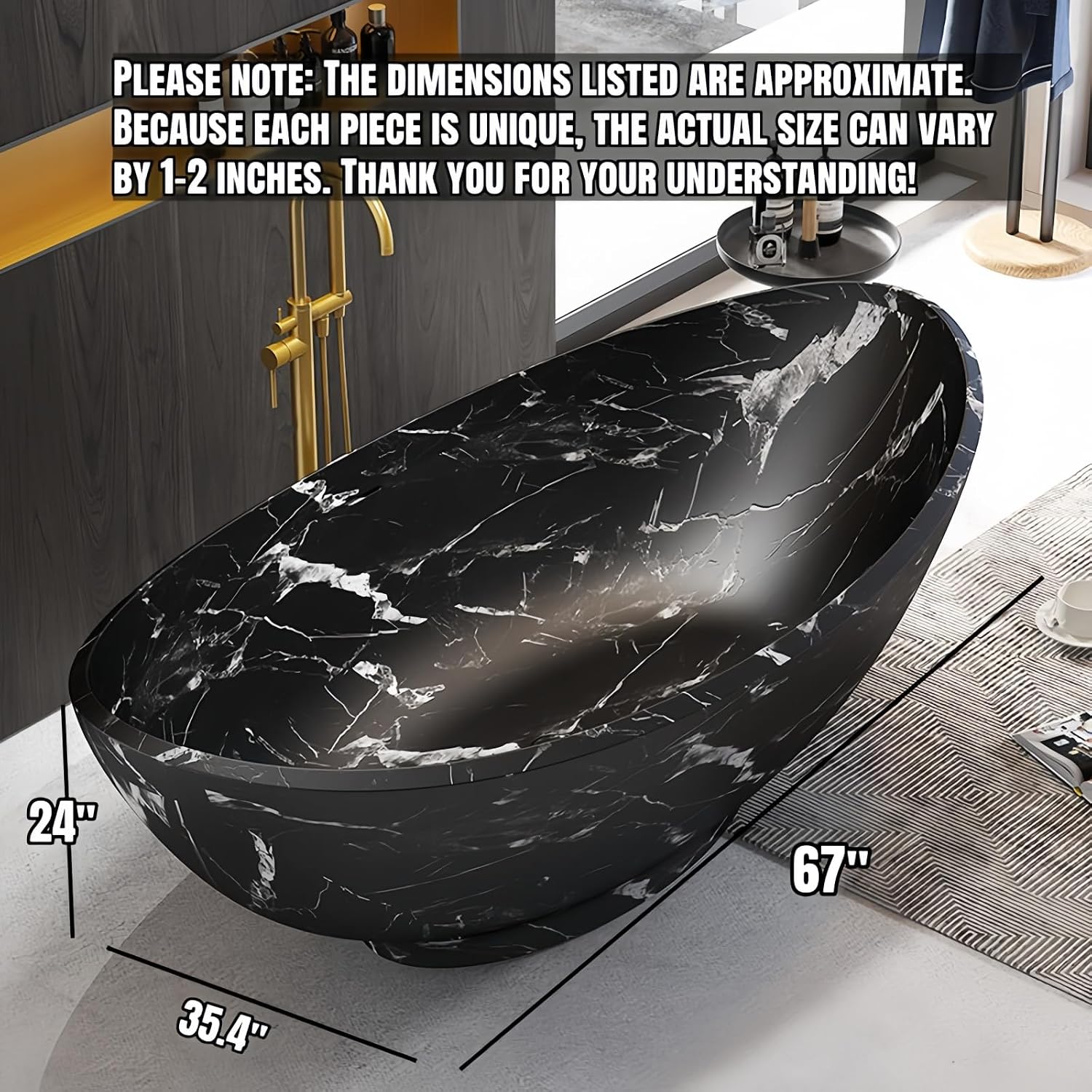 67' Edeyeu Freestanding Bathtub – Solid Surface Bathtub With Marble Texture, Extra Deep Soaking Tub, Luxury Stand Alone Tub For Modern Bathroom Ergonomic Design White