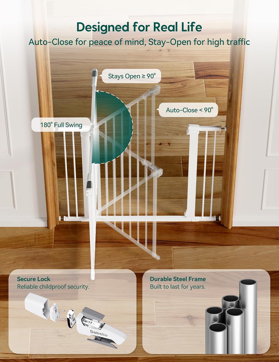 Babelio 36' Tall Baby Gate, PressGuard P7, 29-55' Auto Close Pressure Mounted Dog Gate for Doorways & Hallway, Basics Easy Walk Thru Pet Gate, Extra Wide Metal Child Gate, White