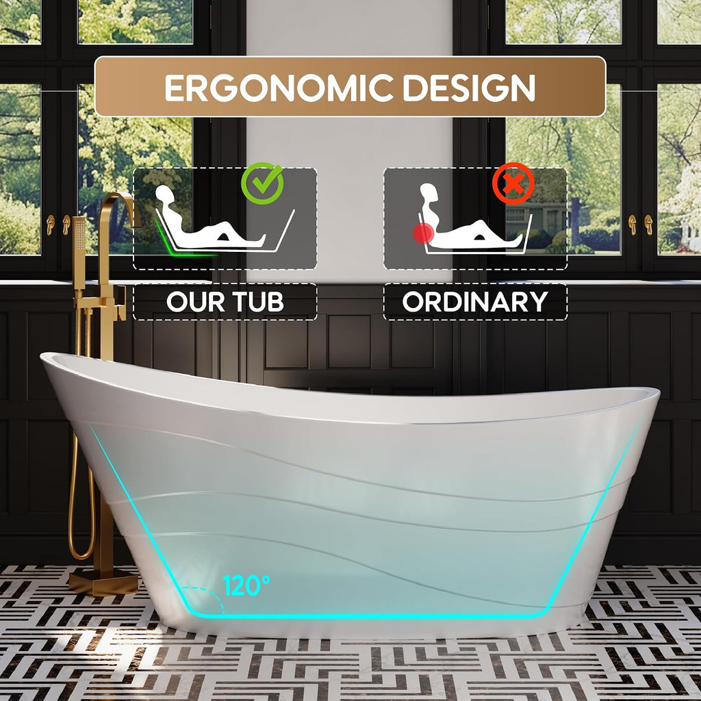 WELLFOR 67' Freestanding Acrylic Bathtub with Drain and Integrated Slotted Overflow, Soaking Bath Tub with Predrilled Overflow Holes, Soaking Bath Tub 58 Gallons Capacity, Glossy White