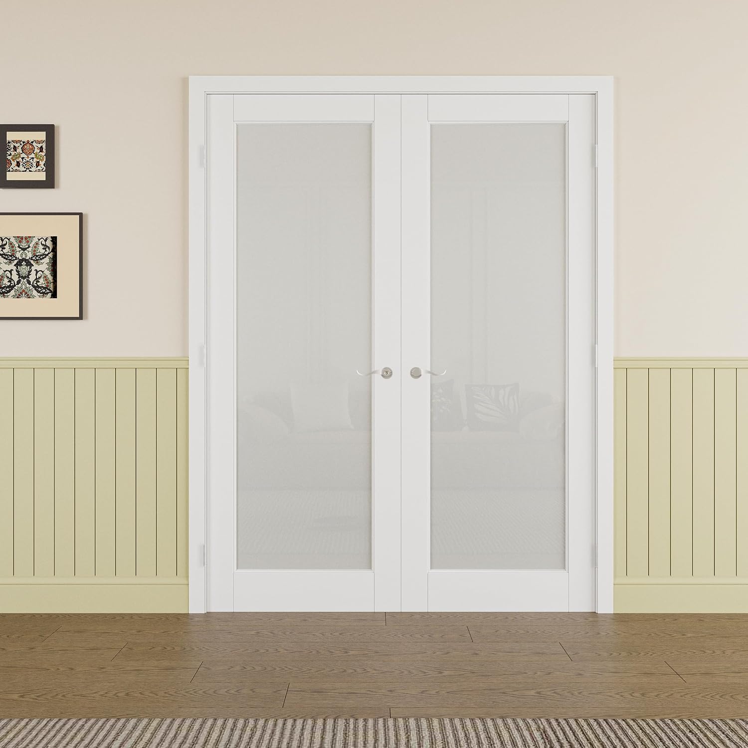 Prehung French Door 60' x 80' (2x30 in), Tempered Frosted Glass Door Slabs with Jamb, Silver Hinges, 4 Levers & Latch, Solid Core Interior Door, Pre-Finished & Paintable, MDF Double Doors Interior