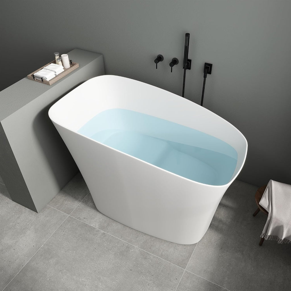 SJ Star&Jane 51' Solid Surface Japanese Soaking Bathtub Stone Resin Freestanding Tub Deep Soaking Bathtub Sit-In Design with Overflow and Drain