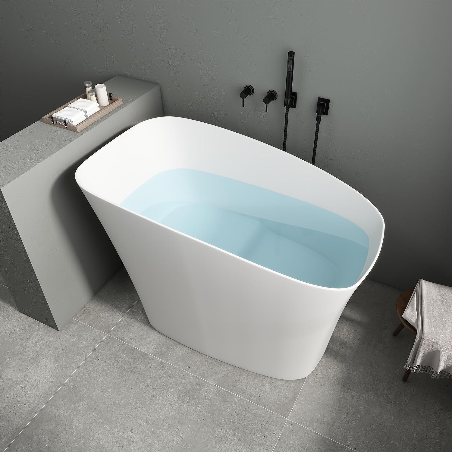 SJ Star&Jane 51' Solid Surface Japanese Soaking Bathtub Stone Resin Freestanding Tub Deep Soaking Bathtub Sit-In Design with Overflow and Drain