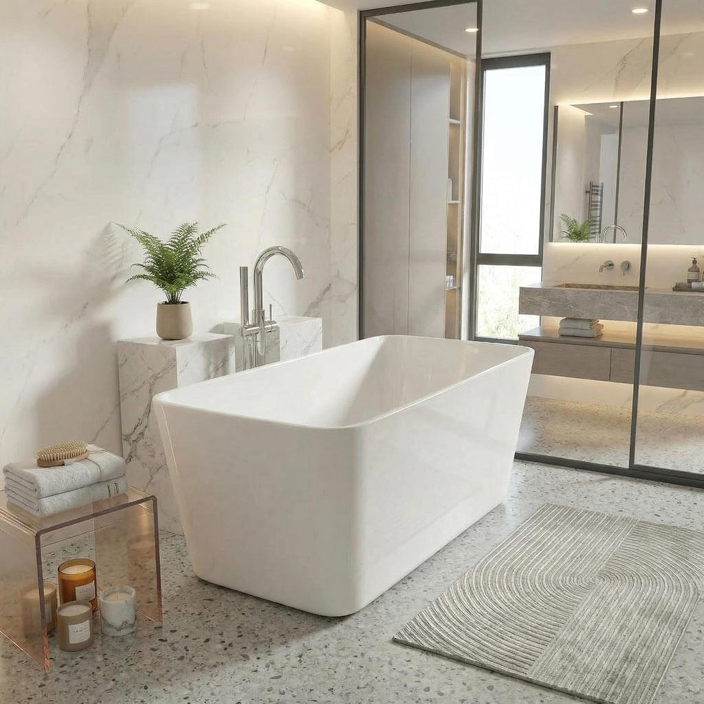 GarveeLife 55 InchFreestanding Acrylic Bathtub, Deep Soaking Tub with Non-Slip Base & Chrome Drain, Space-Saving Bathtub, Easy Install, CUPC CertifiedModern Tub for Bathrooms