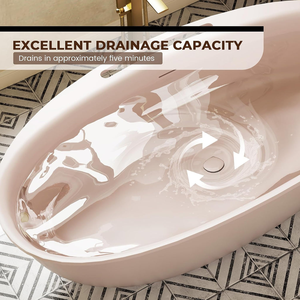 CASAINC 67' Solid Surface Free Standing Tub Blush Beige Stone Resin Freestanding Bathtub Soaking Tub with Drain, Drain Hose & Sanding Paper
