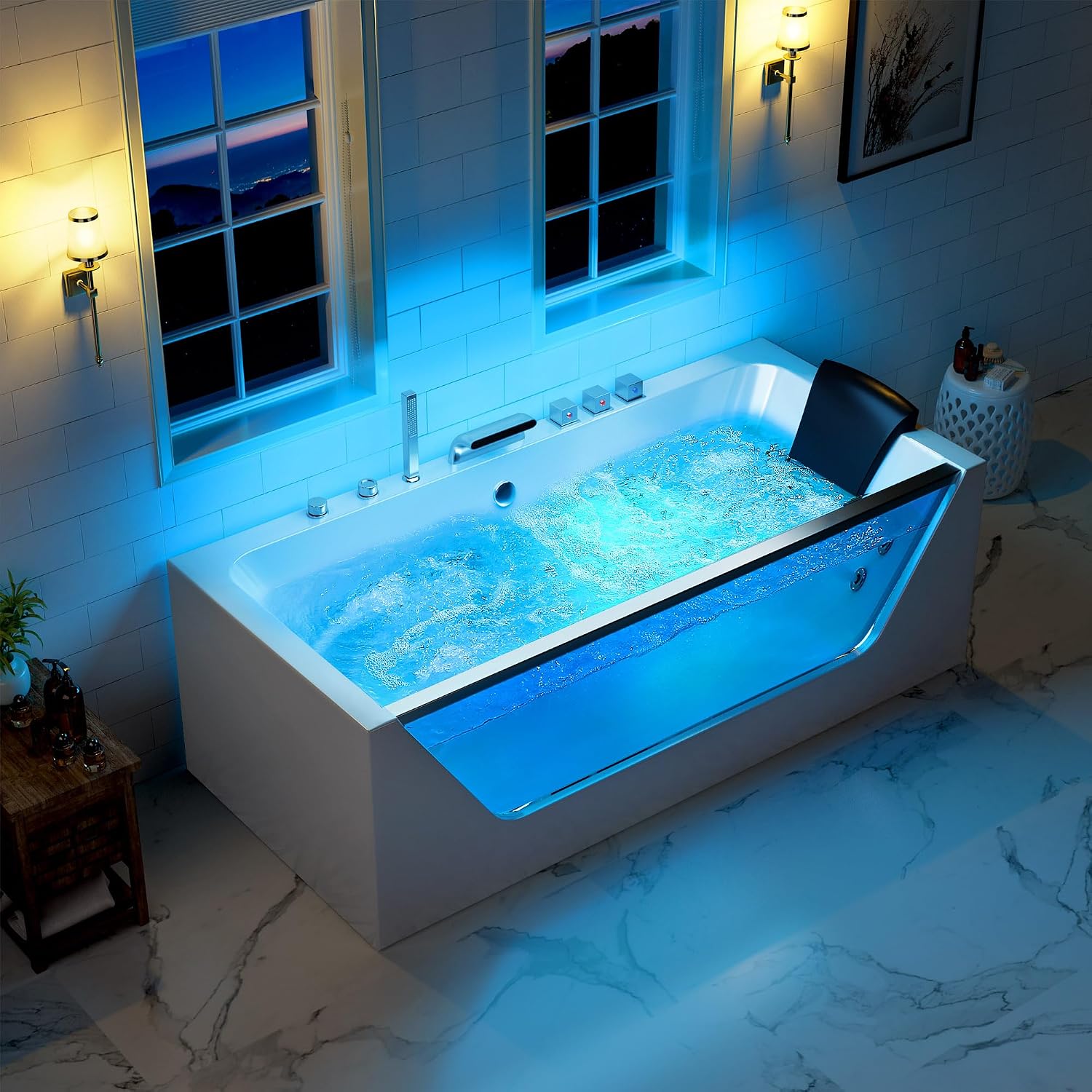 67' Whirlpool Hydro Massage Tub with Chromatherapy, Hydrotherapy Jetted Bathtub with Glass Panel, Acrylic Spa Tub with Center Drain, White