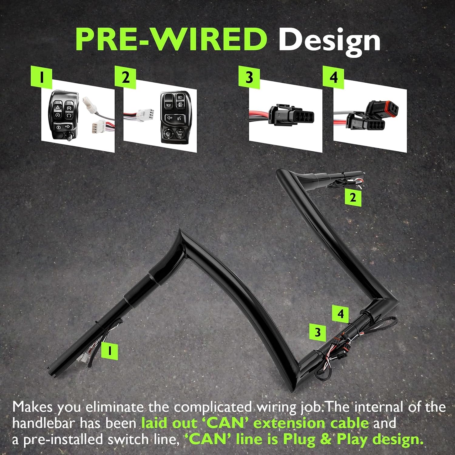 Mofun 12' Rise Pre-wired Handlebars Ape Hangers 1.5' Fat 1' Clamp Compatible with Harley Softail 2011-2024 Sportster 2011-2022 Dyna 2012-2017 low Rider S Road King 2015-Later Models, Gloss Black