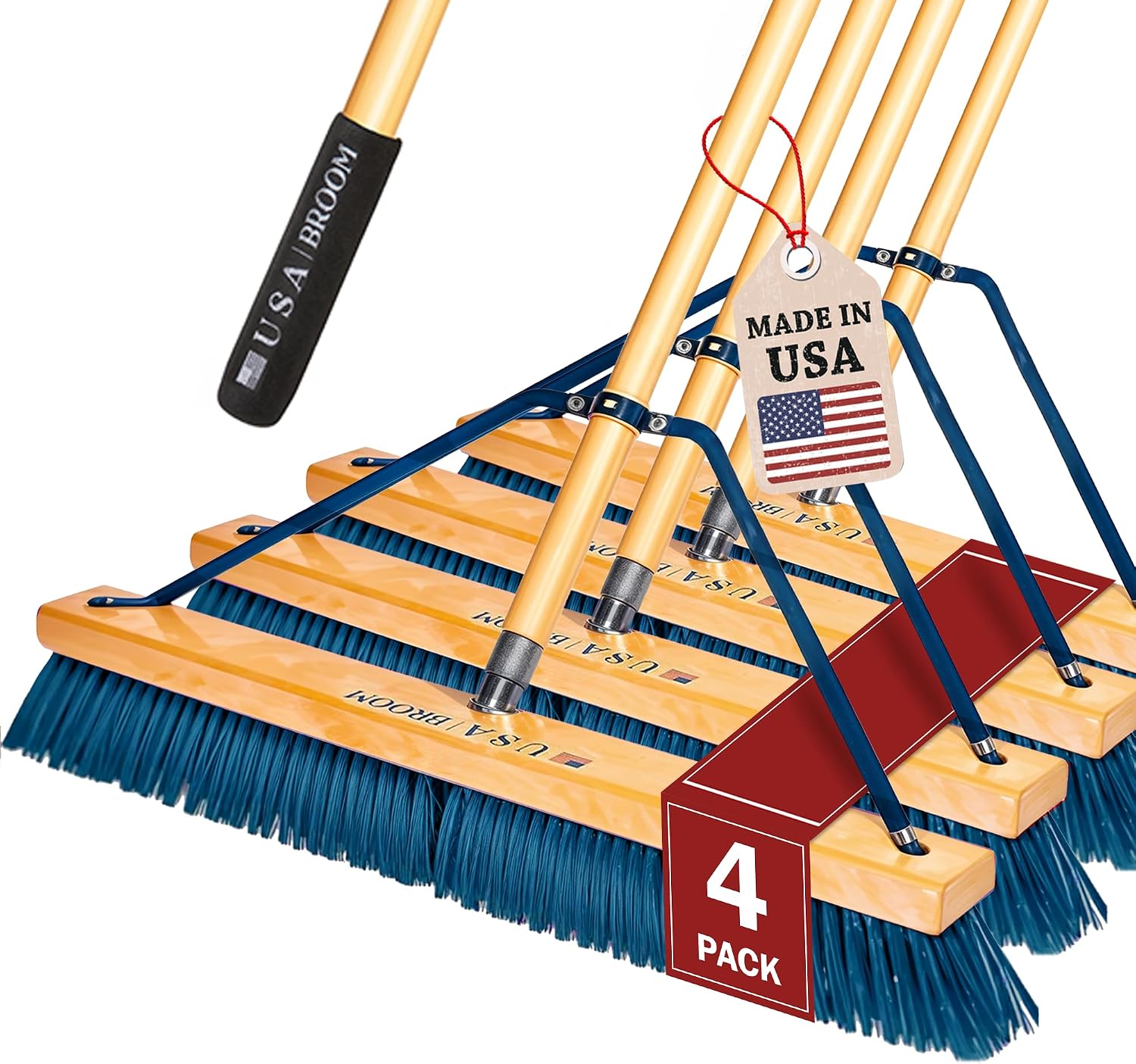 4-Pack - 24' Heavy Duty Outdoor Push Broom with 60' Handle. Ideal for Asphalt, Concrete & Heavy Debris. Durable American Made Steel Brackets-Stainless Steel Hardware. No Plastic. 100% USA Made
