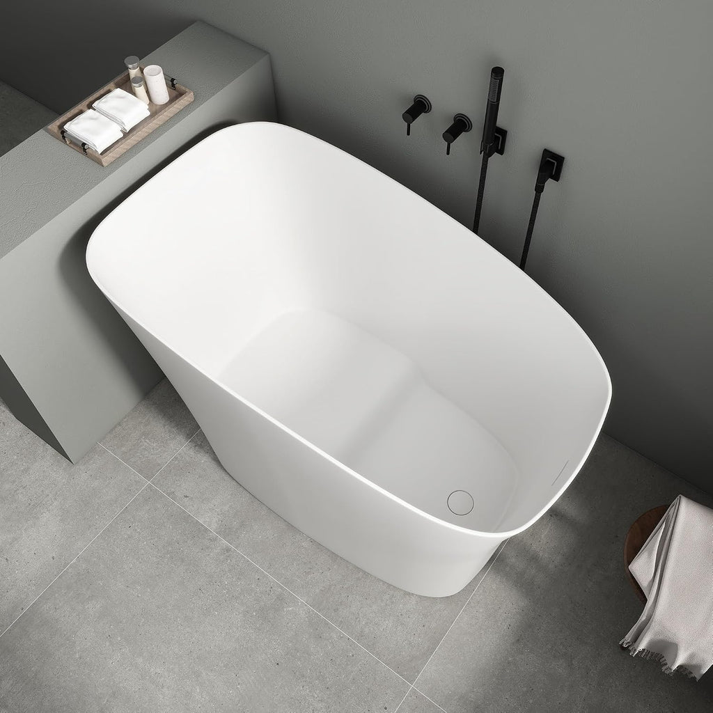 SJ Star&Jane 51' Solid Surface Japanese Soaking Bathtub Stone Resin Freestanding Tub Deep Soaking Bathtub Sit-In Design with Overflow and Drain