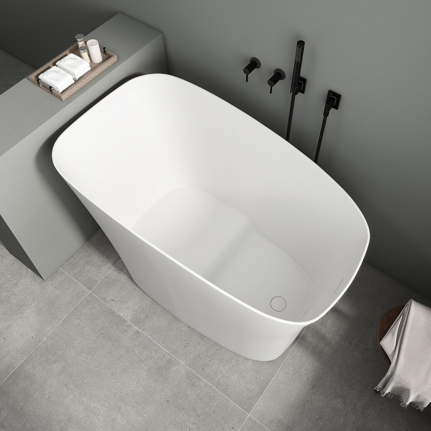SJ Star&Jane 51' Solid Surface Japanese Soaking Bathtub Stone Resin Freestanding Tub Deep Soaking Bathtub Sit-In Design with Overflow and Drain