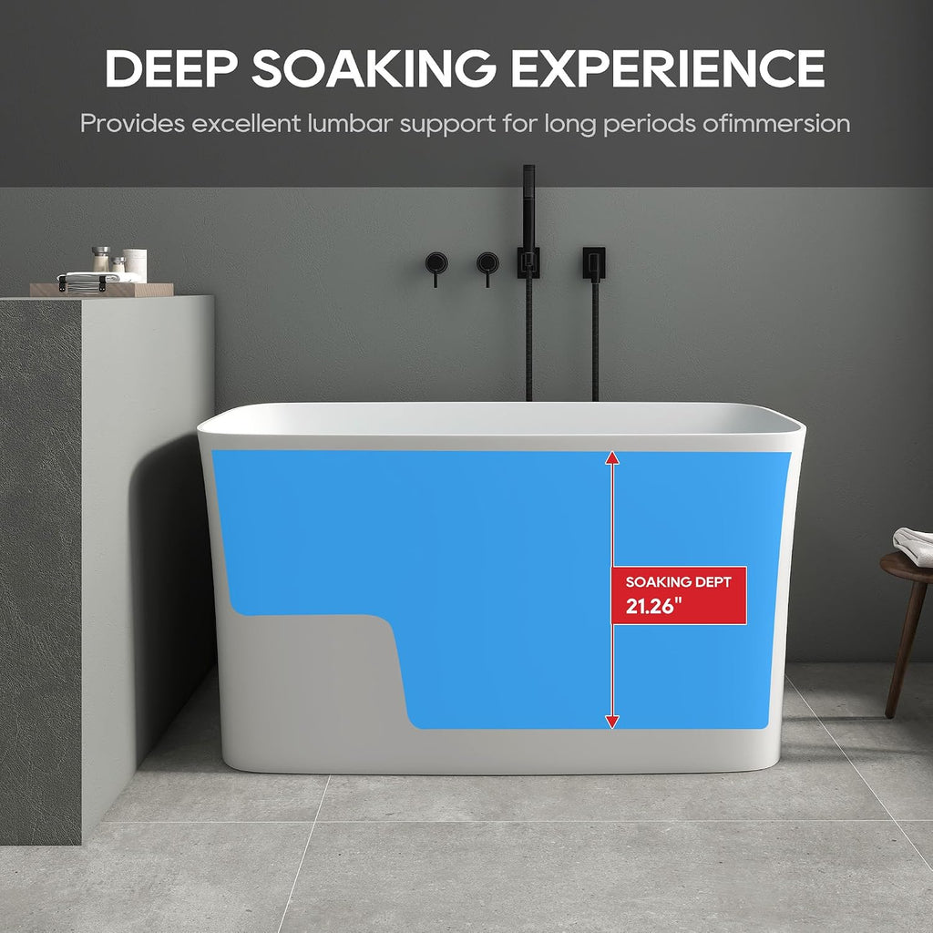 SJ Star&Jane 47' Solid Surface Freestanding Bathtub Japanese Soaking Tub Stone Resin Stand Alone Bathtub Sit-In Design with Overflow and Drain