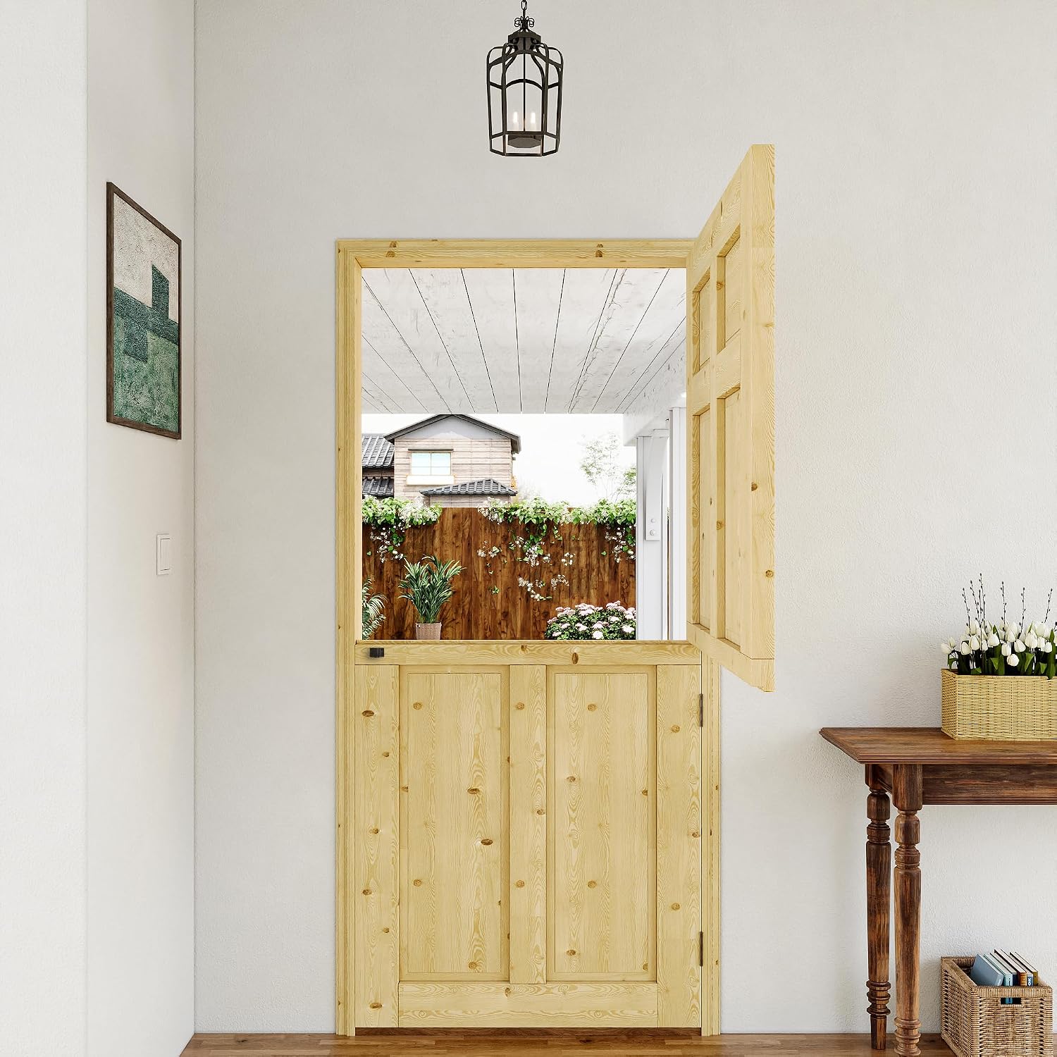 Exterior Dutch Door Slab, 32' x 80', Universal 6 Lite Panel Split Single Doors, Solid Core Home Door, Natural Pine Wood - with 4 Black Hinges & 1 Latch, Without Jamb