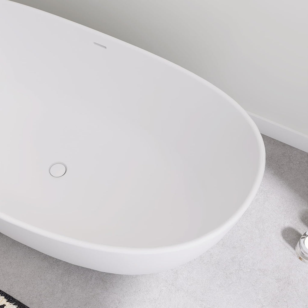 SJ STAR&JANE 65' Solid Surface Freestanding Bathtub Stone Resin Tub Oval Double Slippers Stand Alone Soaking Tub with Pop-up Drain and Overflow, Matte White