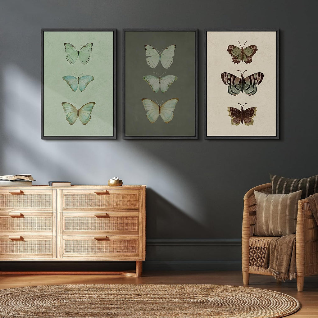 wall26 Framed Canvas Print Wall Art Set Vintage Butterfly Collection Botanical Illustrations Modern Art Decorative Floral Botanical Minimal for Bedroom - 24'x36'x3 Black