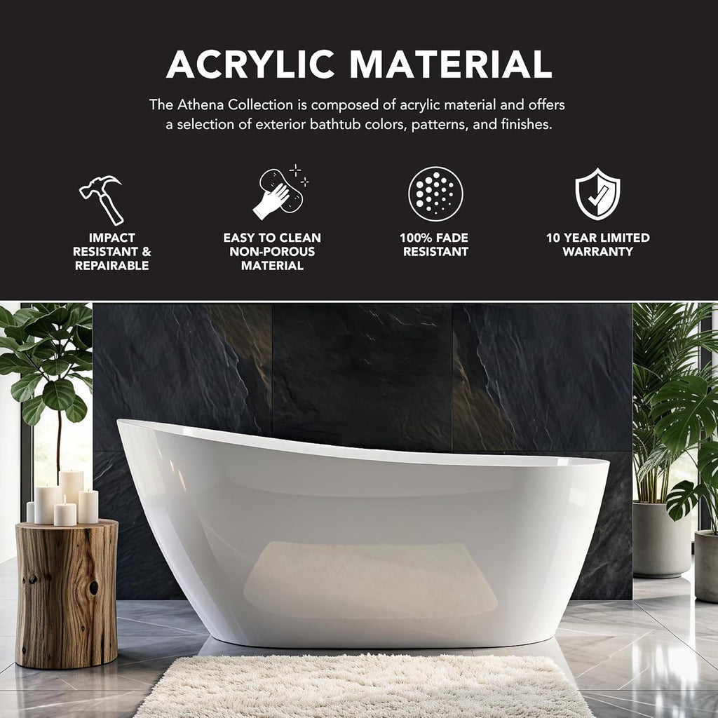 Transolid Freestanding Soaking Acrylic Bathtub with Center Drain | Bath Pillow | Non-Porous Acrylic | 10-Year Warranty (Gloss White, 59' Aaliyah)