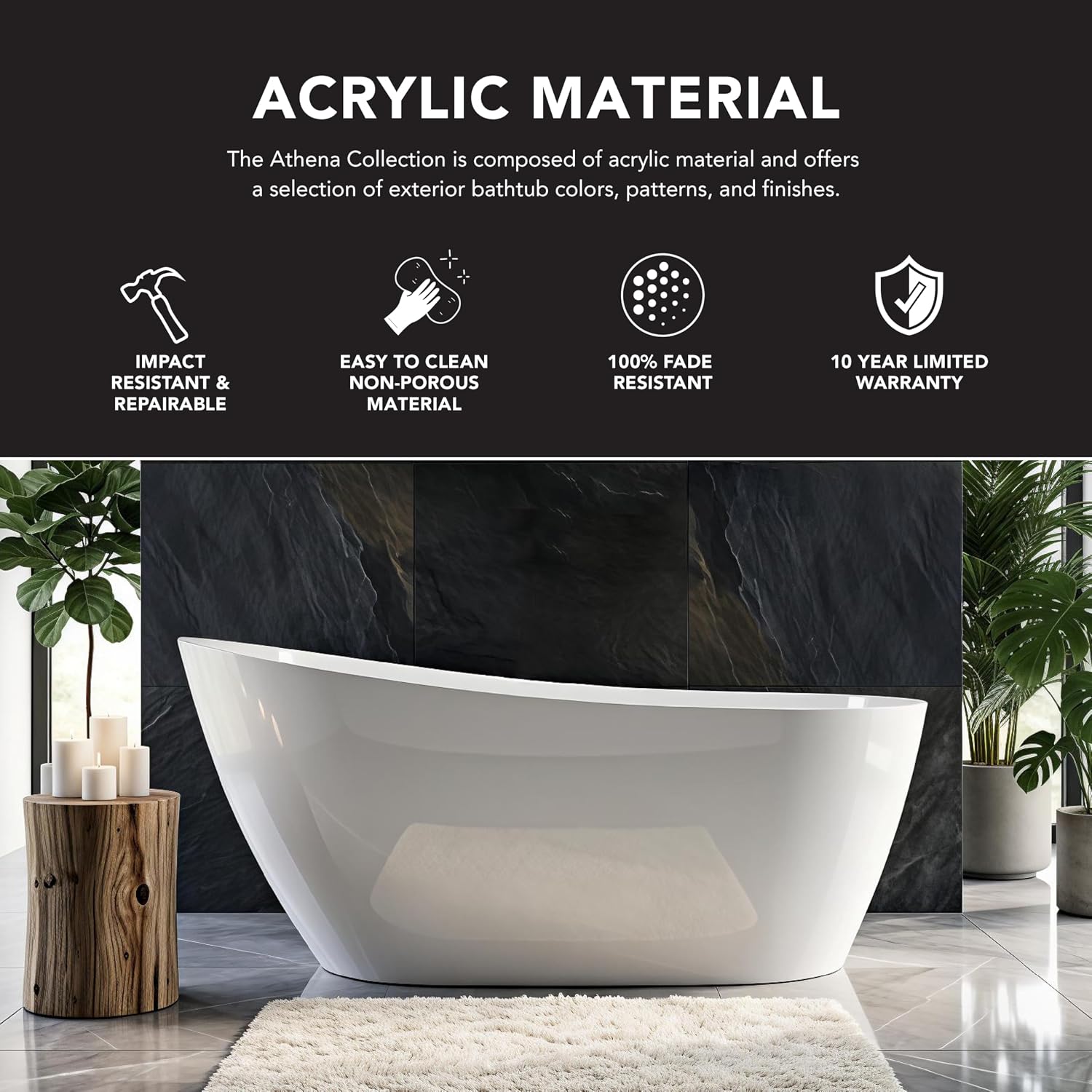 Transolid Freestanding Soaking Acrylic Bathtub with Center Drain | Bath Pillow | Non-Porous Acrylic | 10-Year Warranty (Gloss White, 59' Aaliyah)