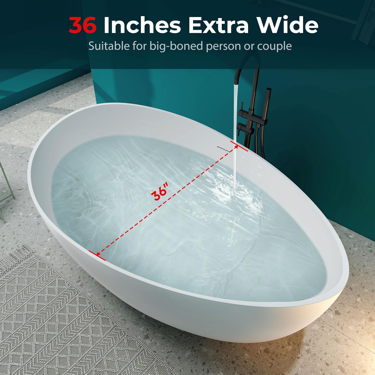 SJ STAR&JANE 63' x 38' Solid Surface Freestanding Bathtub, Oval Soaking Tub with Overflow and Pop-up Drain for Bathroom Matte Black