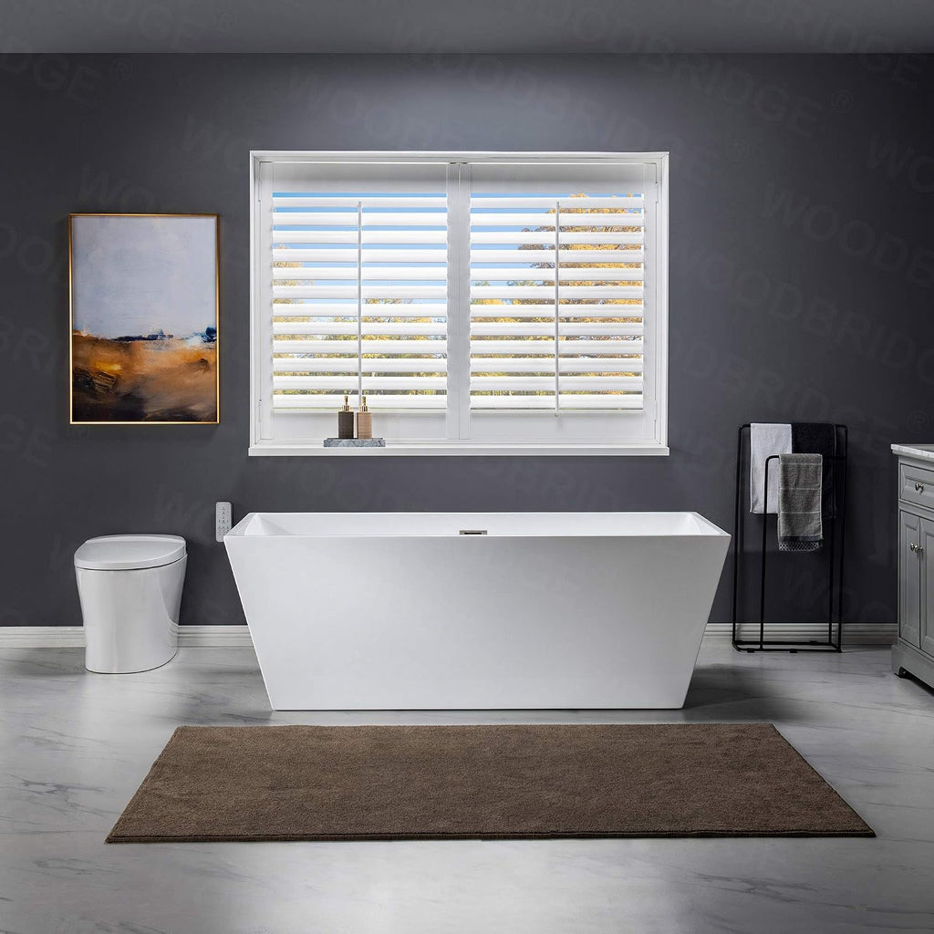 WOODBRIDGE 67' Acrylic Freestanding Bathtub Contemporary Soaking White Tub with Brushed Nickel Overflow and Drain，BTA1512-B/N-Drain&O