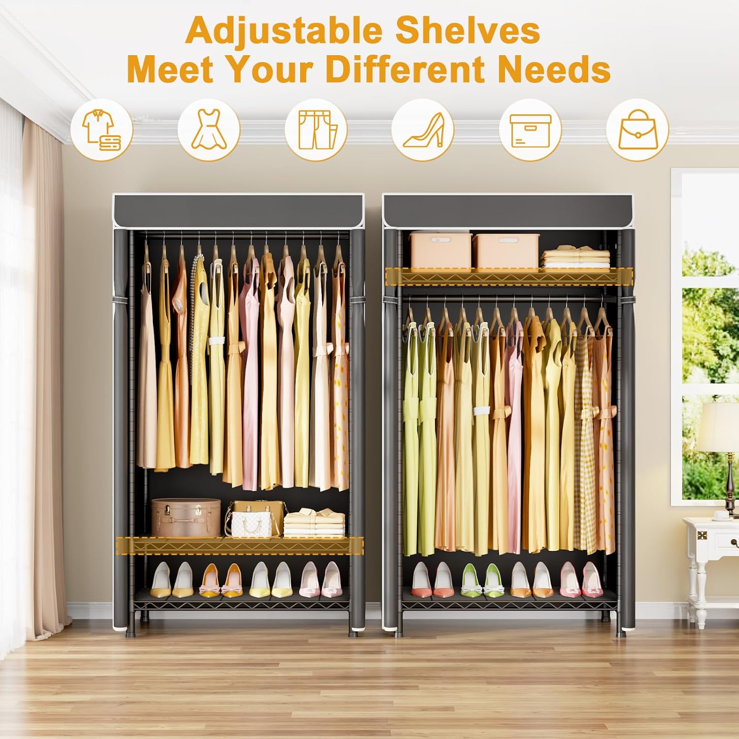 ULIFHOME P6C Plus & H5C Clothes Rack with Cover, Covered Clothing Rack Heavy Duty, Portable Closet for Hanging Clothes, Black Closet Rack with Black Cover, P6C Plus with Wheels, H5c without Wheels