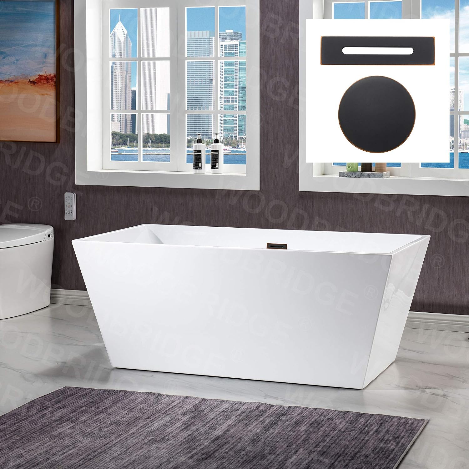 WOODBRIDGE 59' Acrylic Freestanding Bathtub Contemporary Soaking White Tub with Matte Black Overflow and Drain，BTA1412-MB-Drain&O