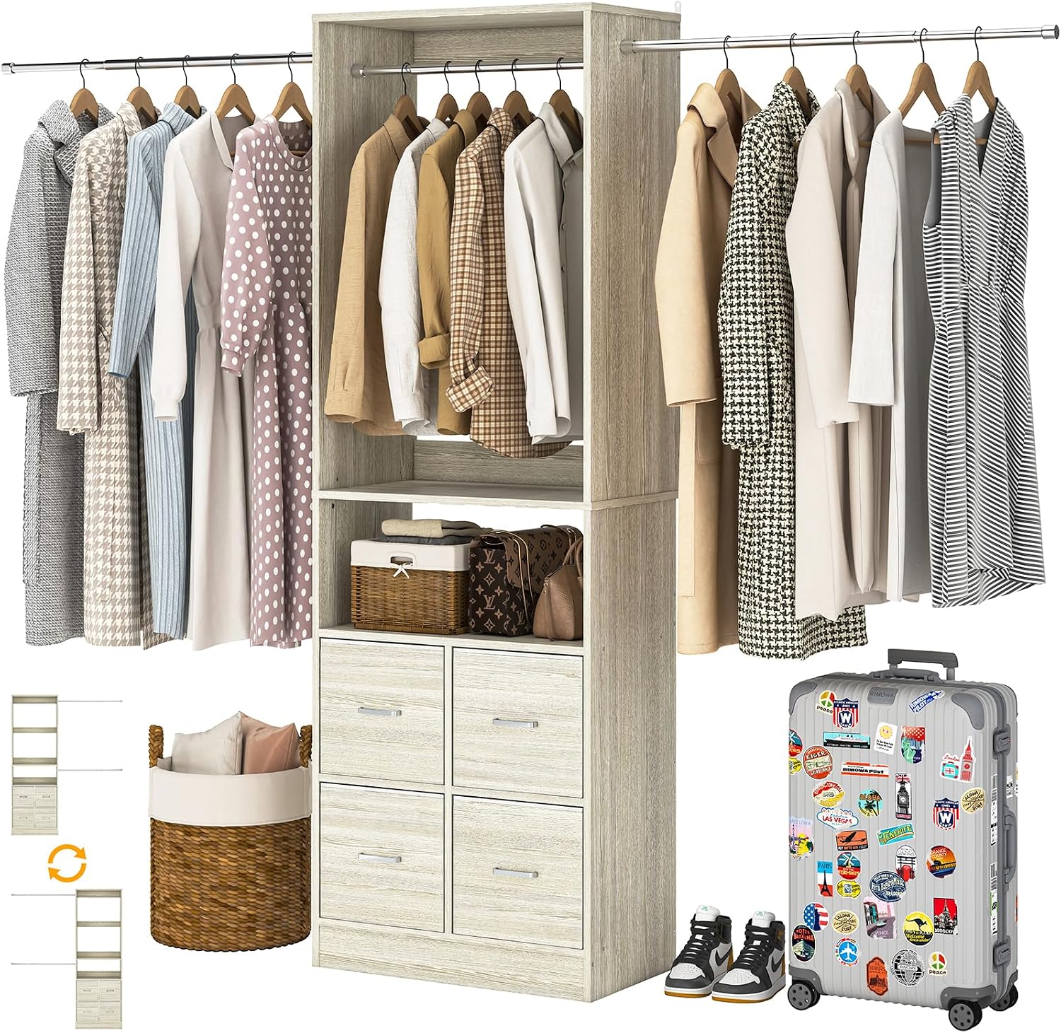 8FT Closet System, 96 Inch Closet Organizer System with 4 Fabric drawers, Heavy Duty Clothing Rack with Hanging Rods, Walk In Mounted Closet System, Built-In Clothes Garment Rack, Oak