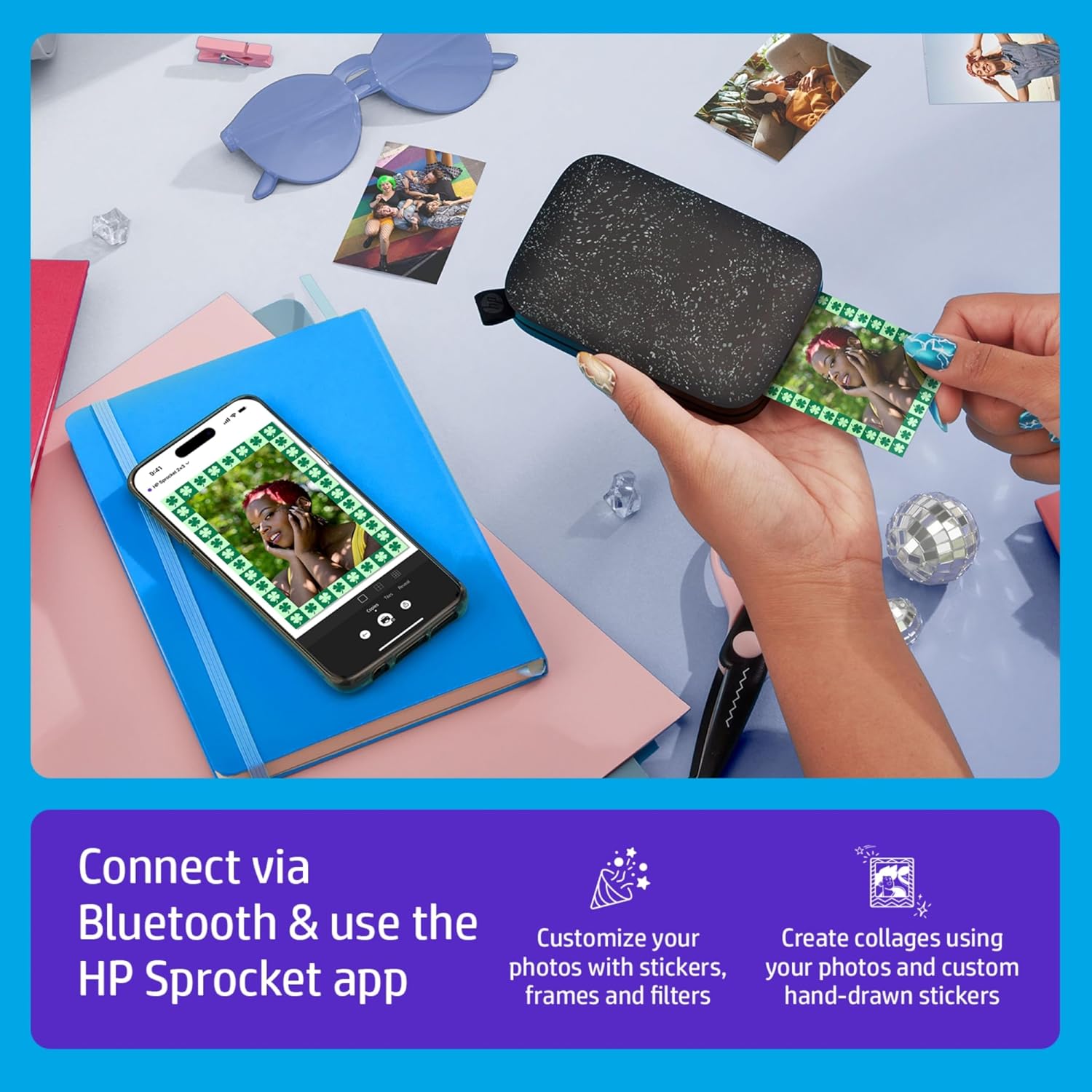 HP Sprocket 2x3 Instant Smartphone Photo Printer 75 Sheets Bundle - Bluetooth Portable Color Wireless Mobile Printer (Black) Zink Sticky-Back Photos