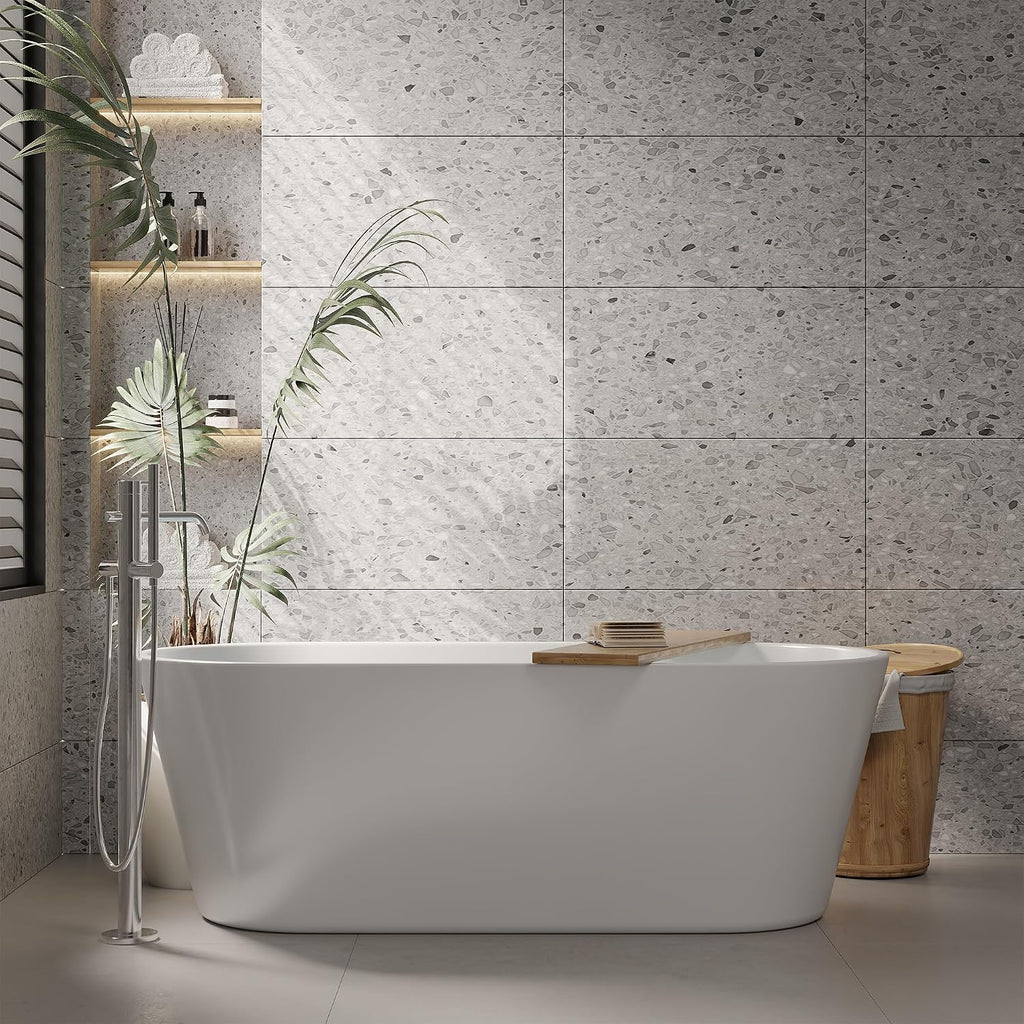67-Inch Freestanding Acrylic Bathtub in White Finish | Chrome Drain & Overflow with Ergonomic Oval Design | Modern Soaking Tub for Family & Guest Bathrooms