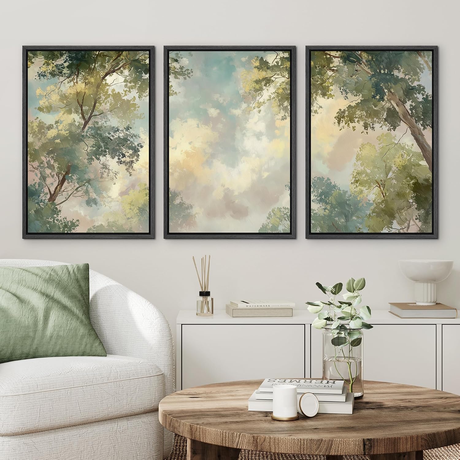 wall26 Framed Print Wall Art Set Soft Pastel Sky and Tree Canopy Abstract Nature Decorative Minimal Relax/Zen for Living Room, Bedroom, Office - 16'x24'x3 BLACK