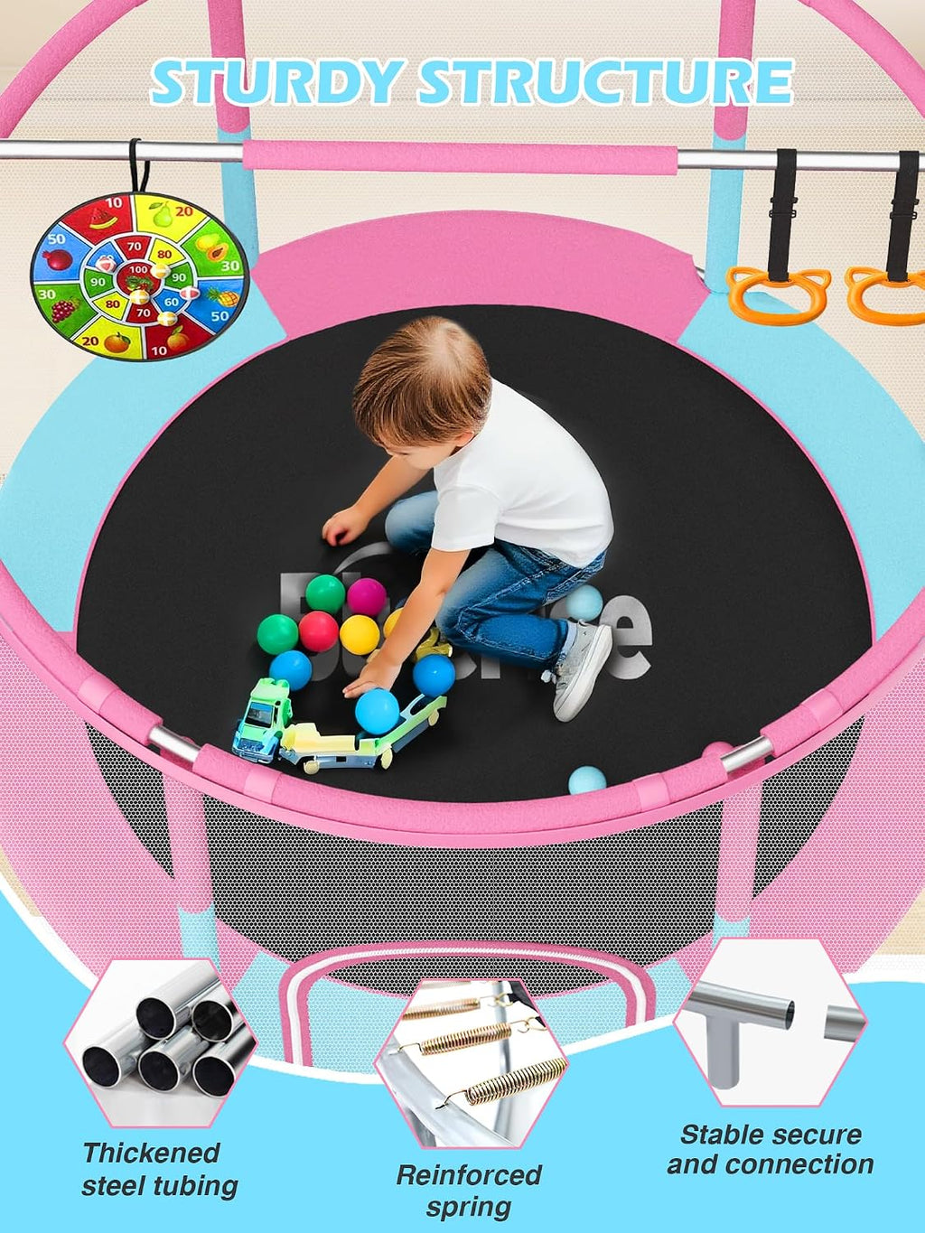 BLUERISE 60' Trampoline for Kids 5FT Toddler Trampolines Indoor/Outdoor with Adjustable Gymnastics Bar & Safety Net, No-Gap Design, Anti-Rollover Bottom, Basketball Hoop, Gifts for Boys & Girls