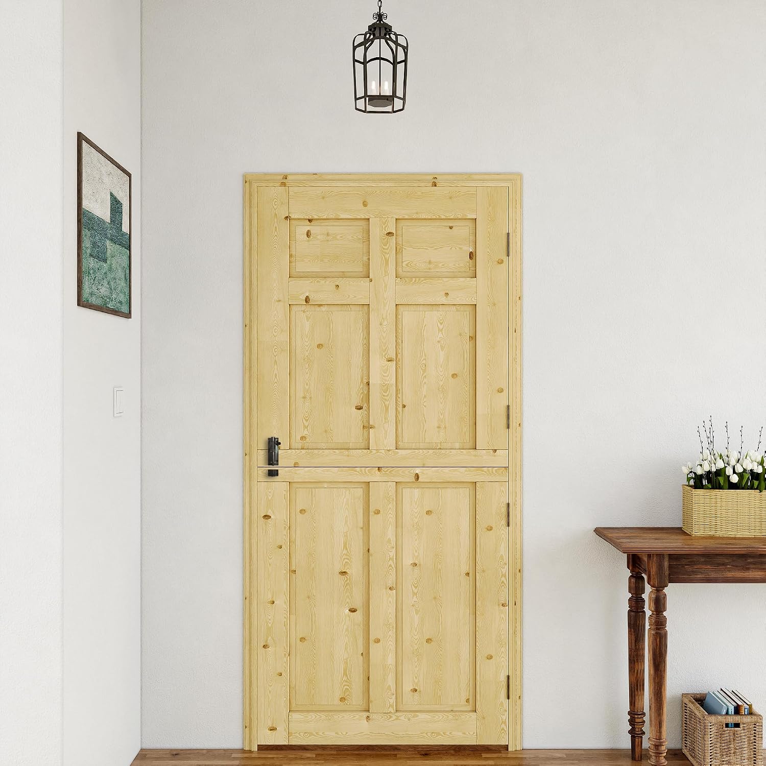 Exterior Dutch Door Slab, 32' x 80', Universal 6 Lite Panel Split Single Doors, Solid Core Home Door, Natural Pine Wood - with 4 Black Hinges & 1 Latch, Without Jamb