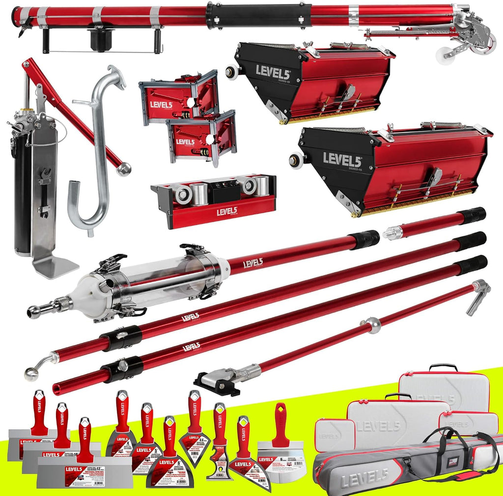 Full Taping/Finishing Set, High Capacity Boxes + Std Handles - LEVEL5 | Auto Taper, 10'/12' MEGA Boxes, 3'/3.5' Angle Heads, MiniShot, Corner Roller, Std Handles, Pump, Gooseneck | 4-684