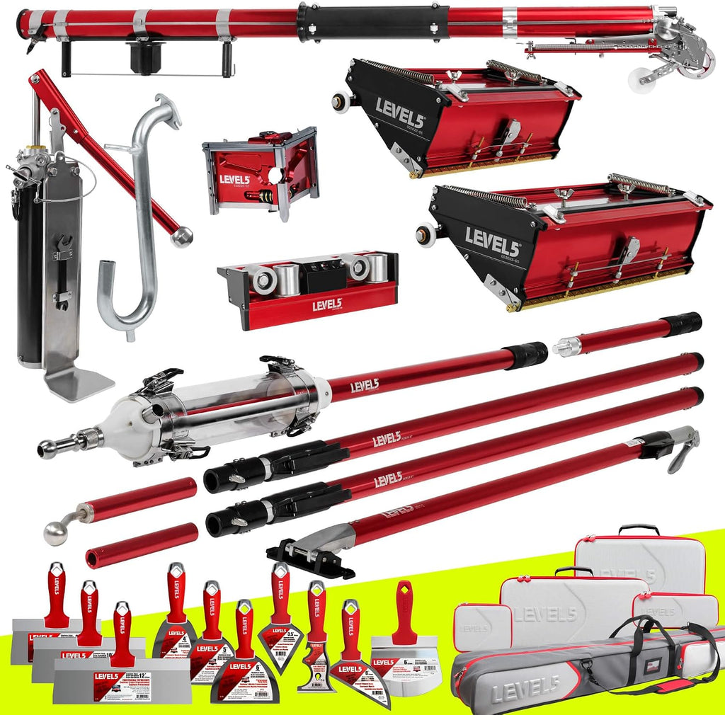 Full Drywall Taping and Finishing Set - LEVEL5 | Automatic Taper, 10'/12' Flat Boxes, 3' Angle Head, MiniShot, Corner Roller, Extendable Handles, Pump, Gooseneck | 4-661