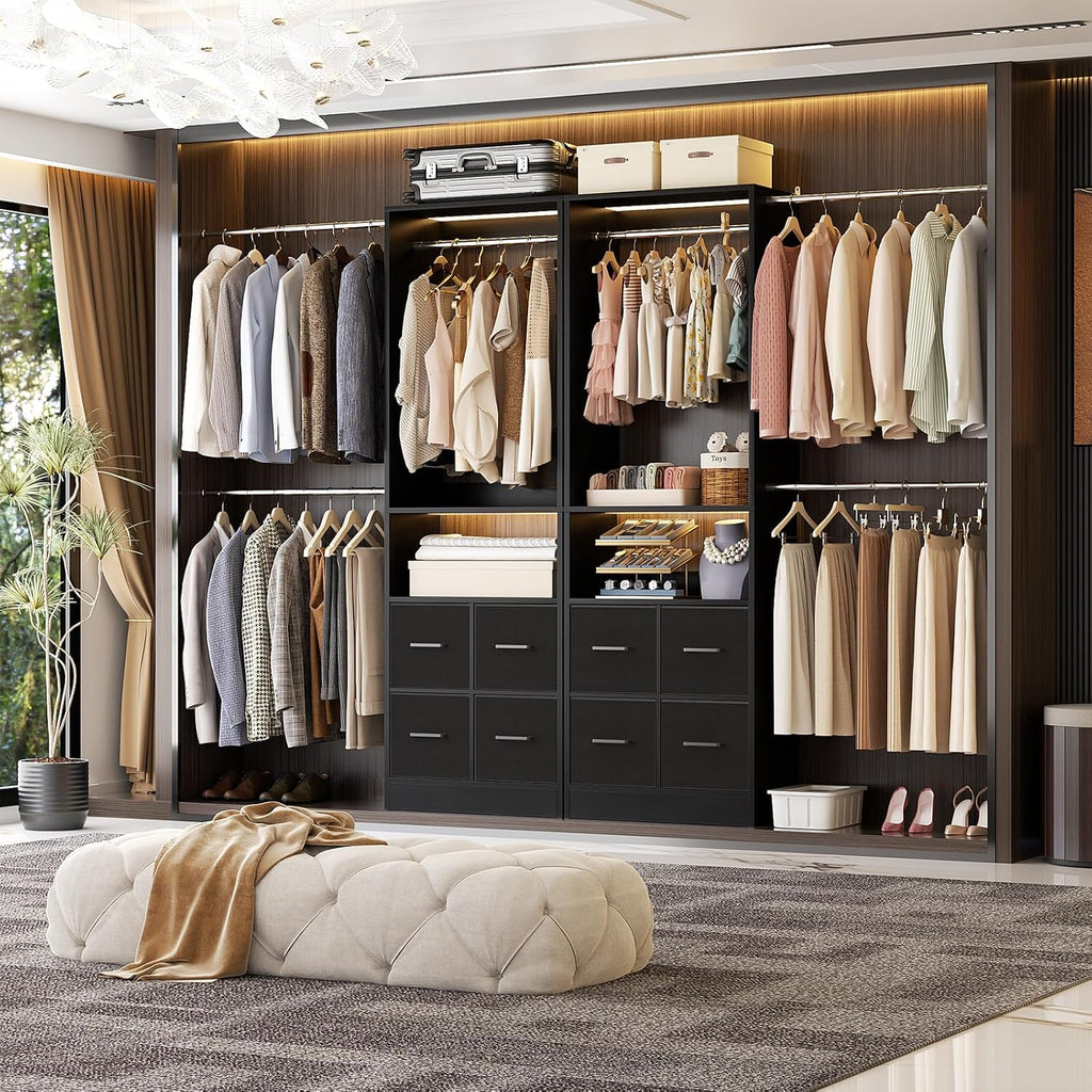 8FT Closet System, 96 Inch Closet Organizer System with 4 Fabric drawers, Heavy Duty Clothing Rack with Hanging Rods, Walk In Mounted Closet System, Built-In Clothes Garment Rack, Black